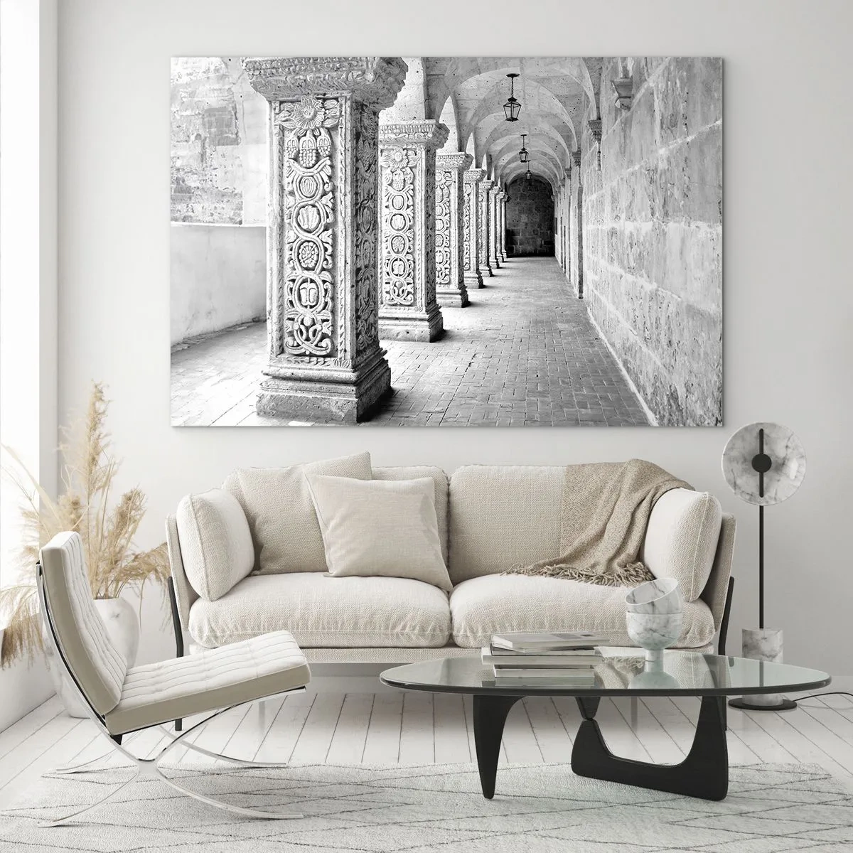 Glass picture - Historic cloister with carved columns - 70x50cm - Where is this Going...? - Modern wall decoration for the living room and bedroom ARTTOR