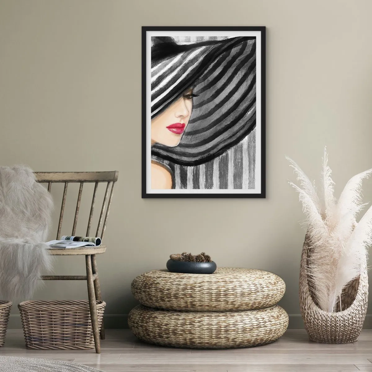 Poster in black frame - A woman in a wide hat with red lips - 50x70cm - Where Can I Find You? - Modern wall decoration for the living room and bedroom ARTTOR