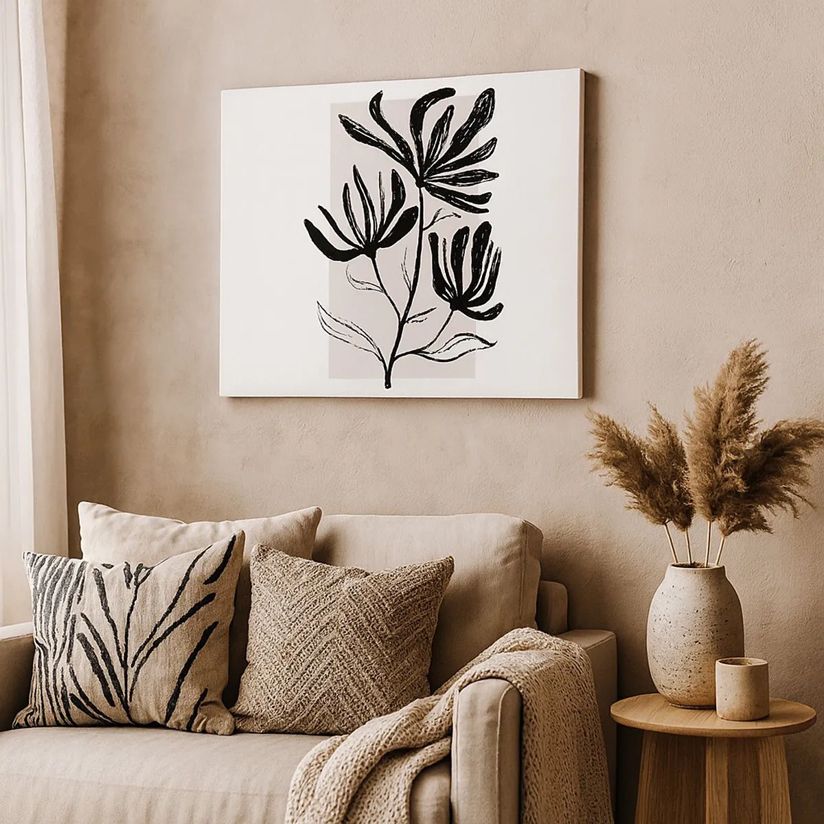 Canvas picture - Minimalist black and white floral motif - 70x50cm - Sketch for a Herbarium - Modern wall decoration for the living room and bedroom ARTTOR