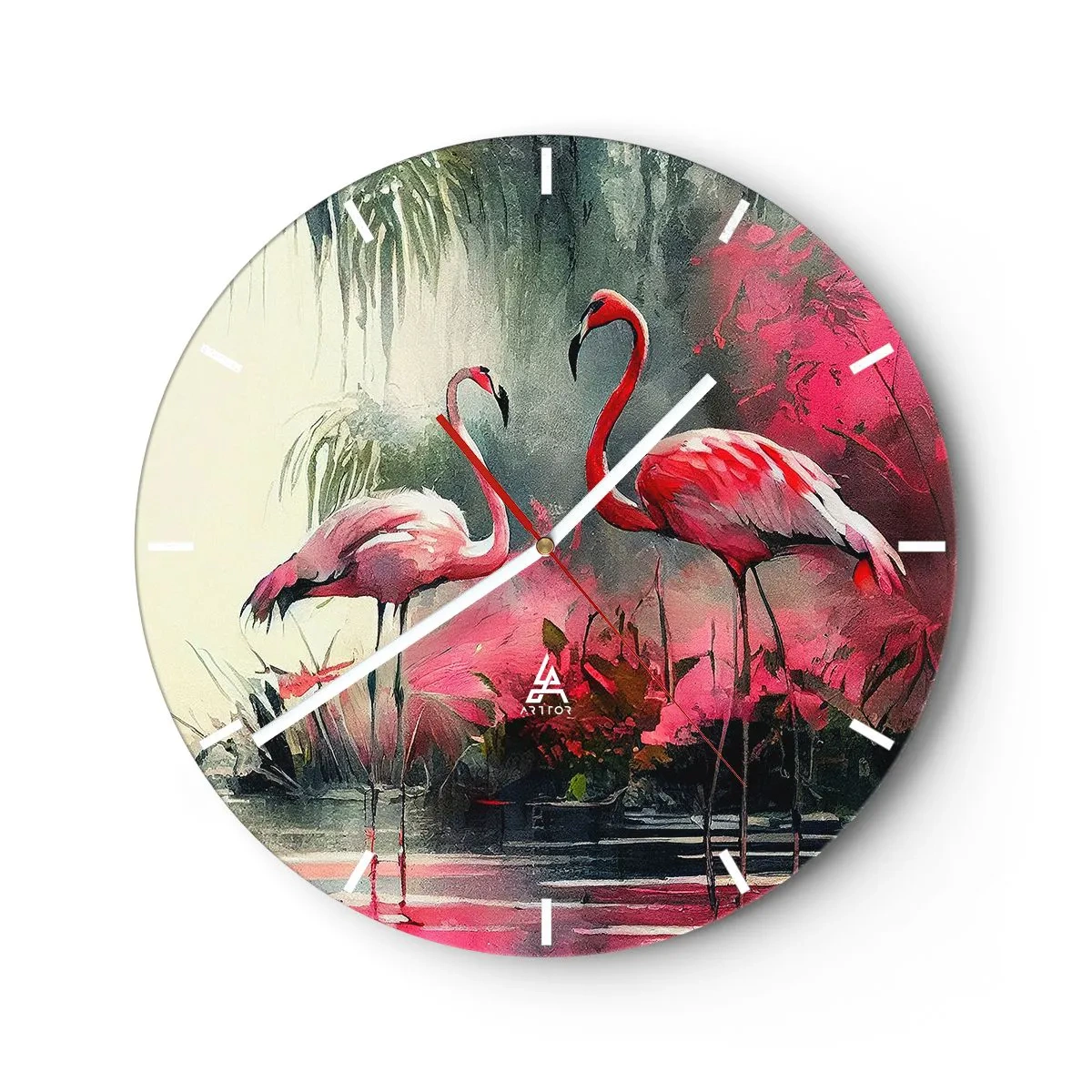 Wall clock - Clock on glass - Two flamingos in an exotic, pink setting - 30x30cm - Class of Natural Charm - Modern wall decoration for the living room, kitchen, and bedroom ARTTOR