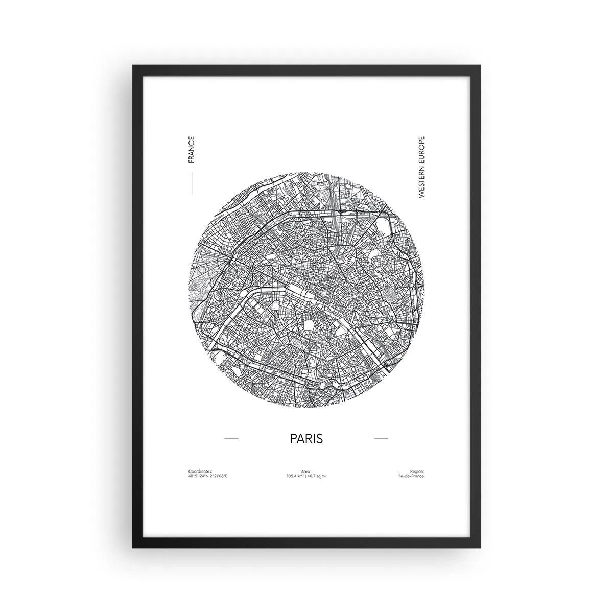 Poster in black frame - Minimalist map of Paris in a circle - 50x70cm - Anatomy of Paris - Modern wall decoration for the living room and bedroom ARTTOR