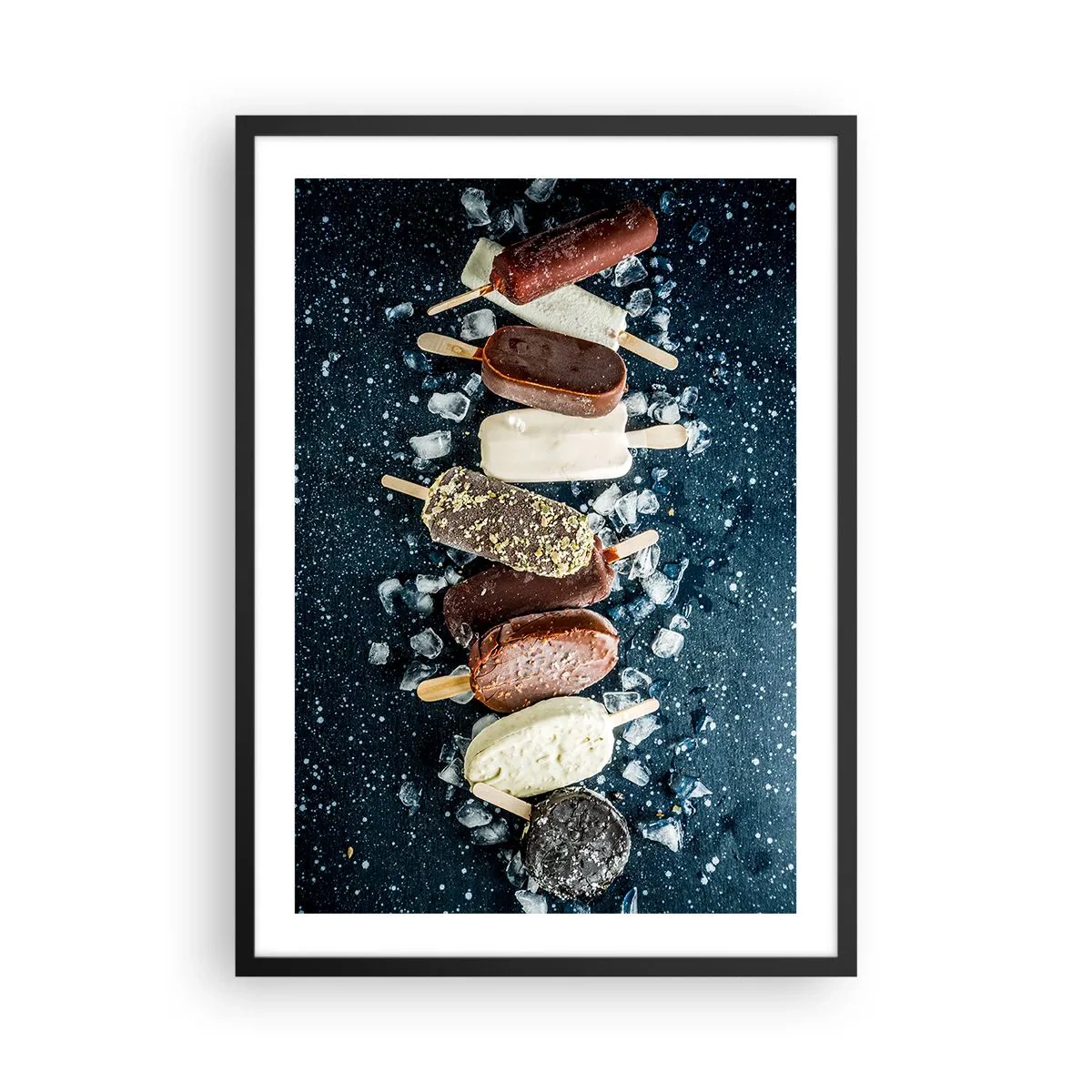 Poster in black frame - Assorted popsicles surrounded by ice against a dark sky - 50x70cm - Taste of the Hot Summer - Modern wall decoration for the living room and bedroom ARTTOR