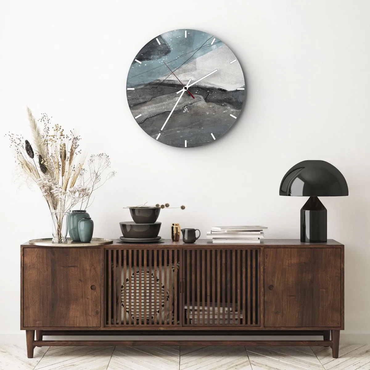 Wall clock - Clock on glass - An abstract composition resembling a glacier and rocks. - 30x30cm - Abstract: Rocks and Ice - Modern wall decoration for the living room, kitchen, and bedroom ARTTOR