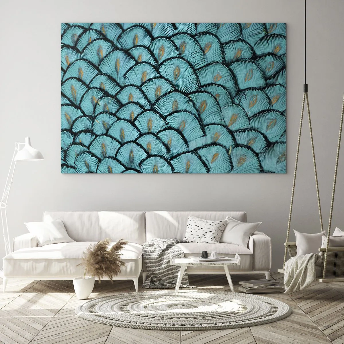 Glass picture - A close-up of turquoise peacock feathers forming a decorative pattern. - 70x50cm - Great Feather Gala - Modern wall decoration for the living room and bedroom ARTTOR