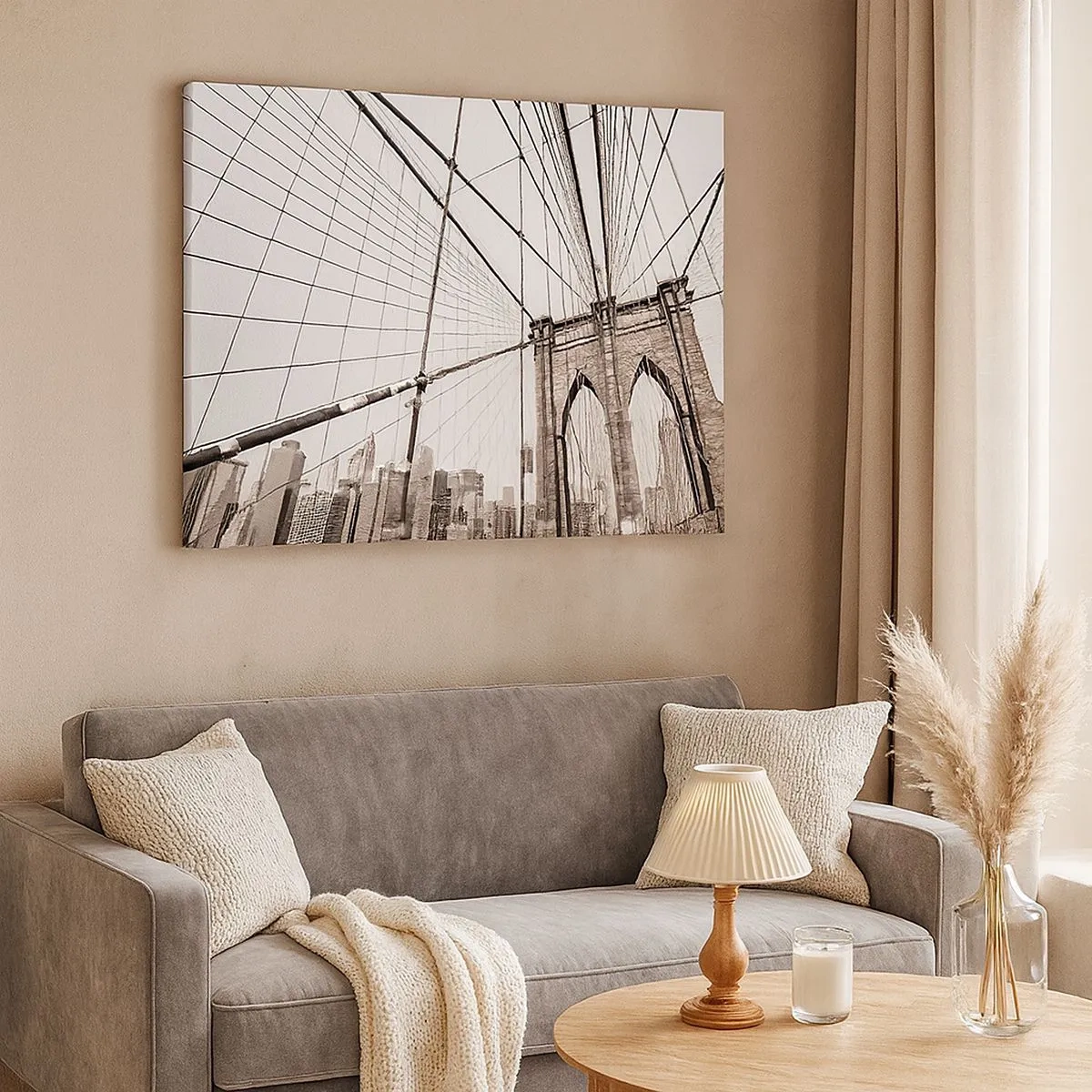 Canvas picture - The Brooklyn Bridge in monochrome - 70x50cm - New York Cathedral - Modern wall decoration for the living room and bedroom ARTTOR