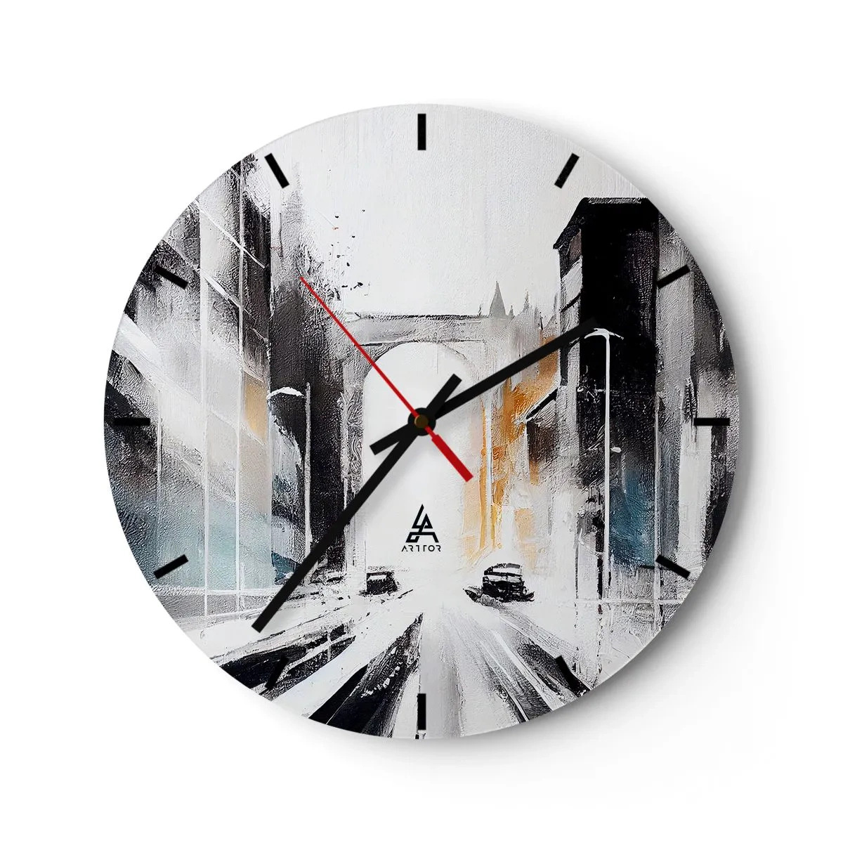 Wall clock - Clock on glass - painterly vision of a city street with cars and buildings - 30x30cm - Study of a City: Architecture and Movement - Modern wall decoration for the living room, kitchen, and bedroom ARTTOR