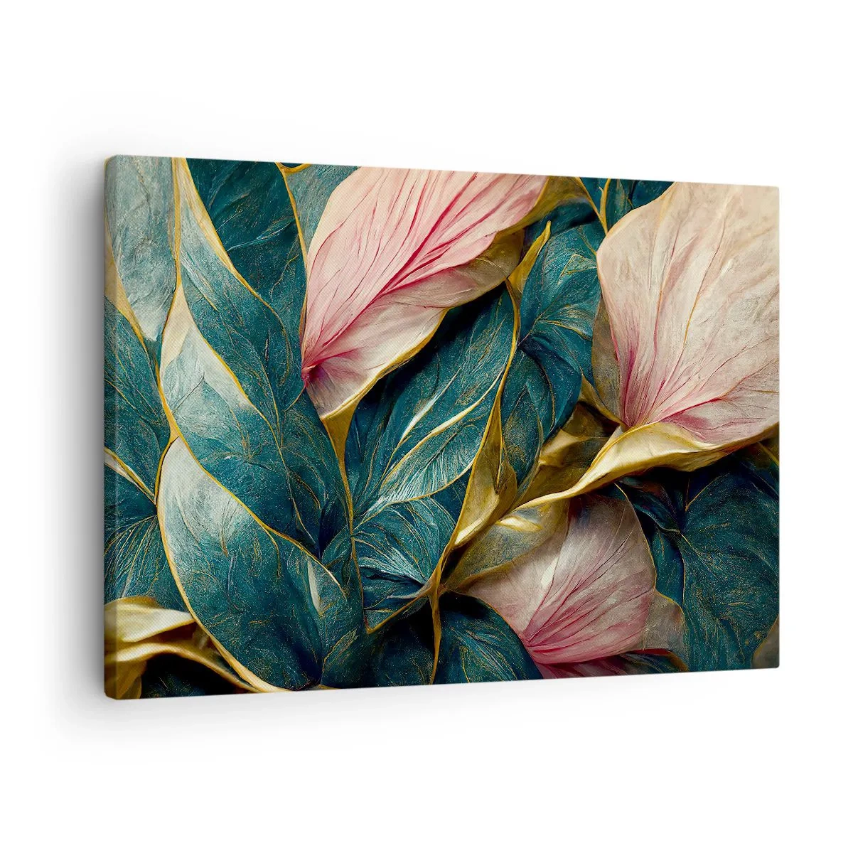 Canvas picture - Elegant leaves in green, gold and pink - 70x50cm - Natural Elegance and Style - Modern wall decoration for the living room and bedroom ARTTOR