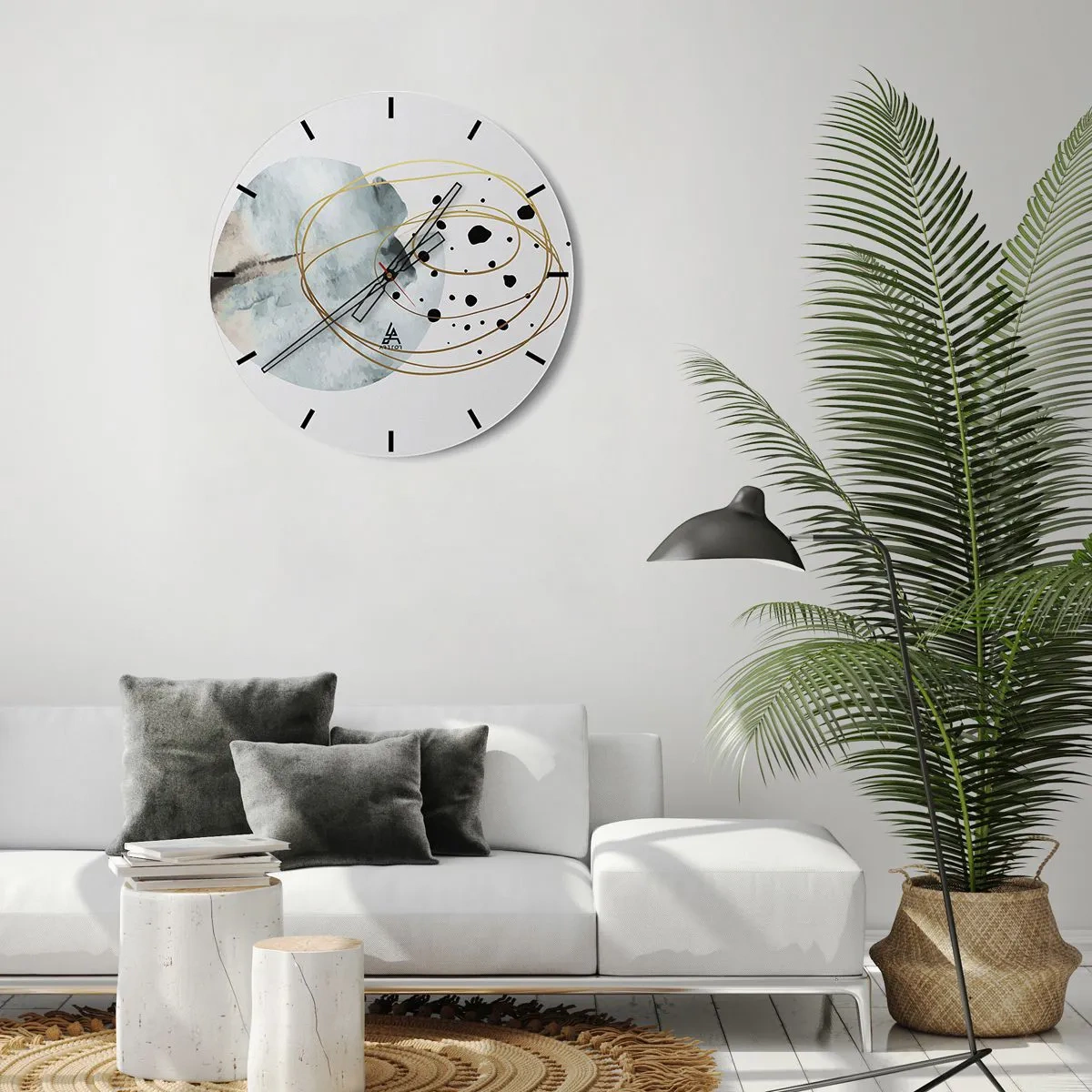 Wall clock - Clock on glass - Abstract golden lines and black dots on a light background - 30x30cm - In the Embrace of Space - Modern wall decoration for the living room, kitchen, and bedroom ARTTOR