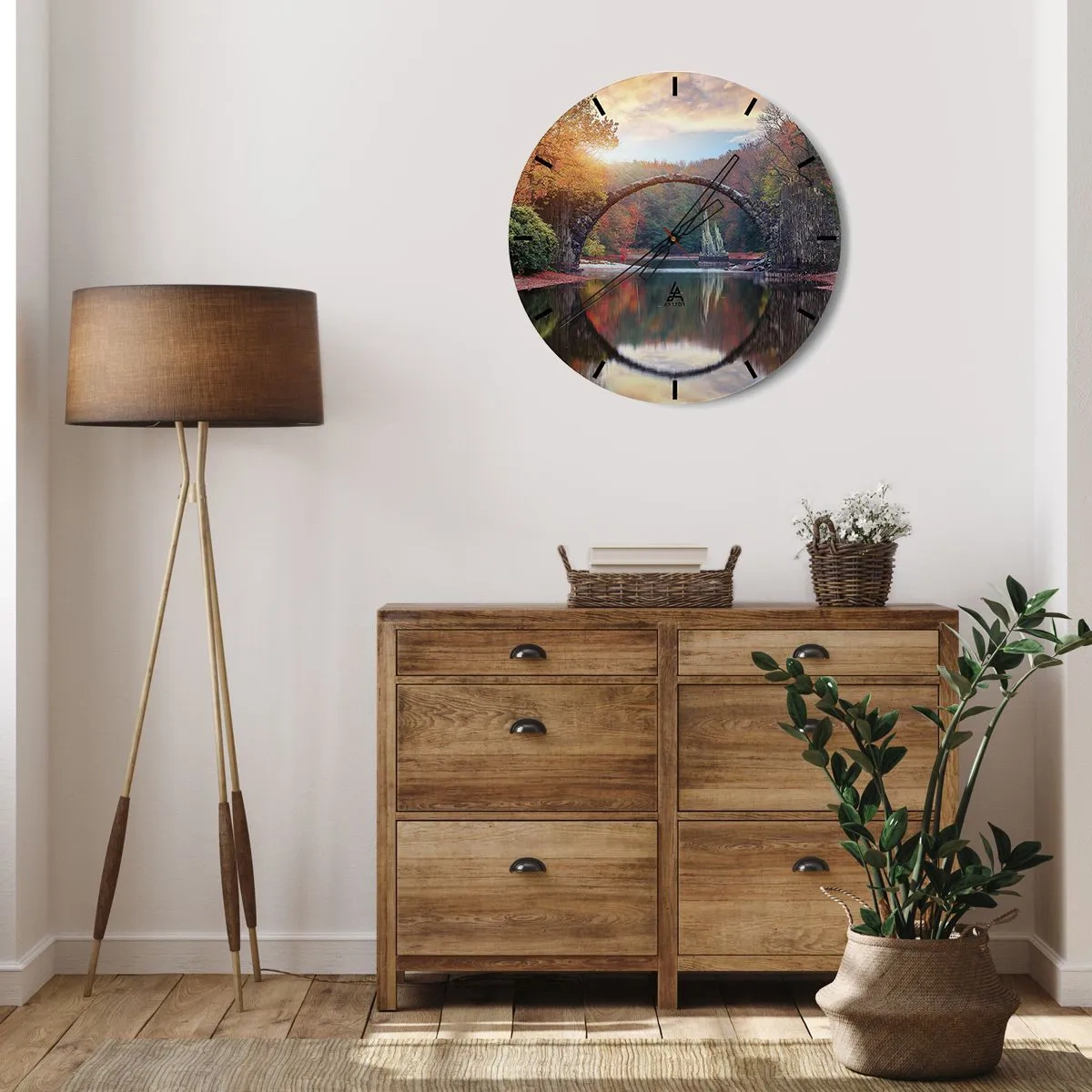 Wall clock - Clock on glass - A stone arch bridge reflecting in the water creates a circle - 30x30cm - On the Other Side of a Mirror - Modern wall decoration for the living room, kitchen, and bedroom ARTTOR