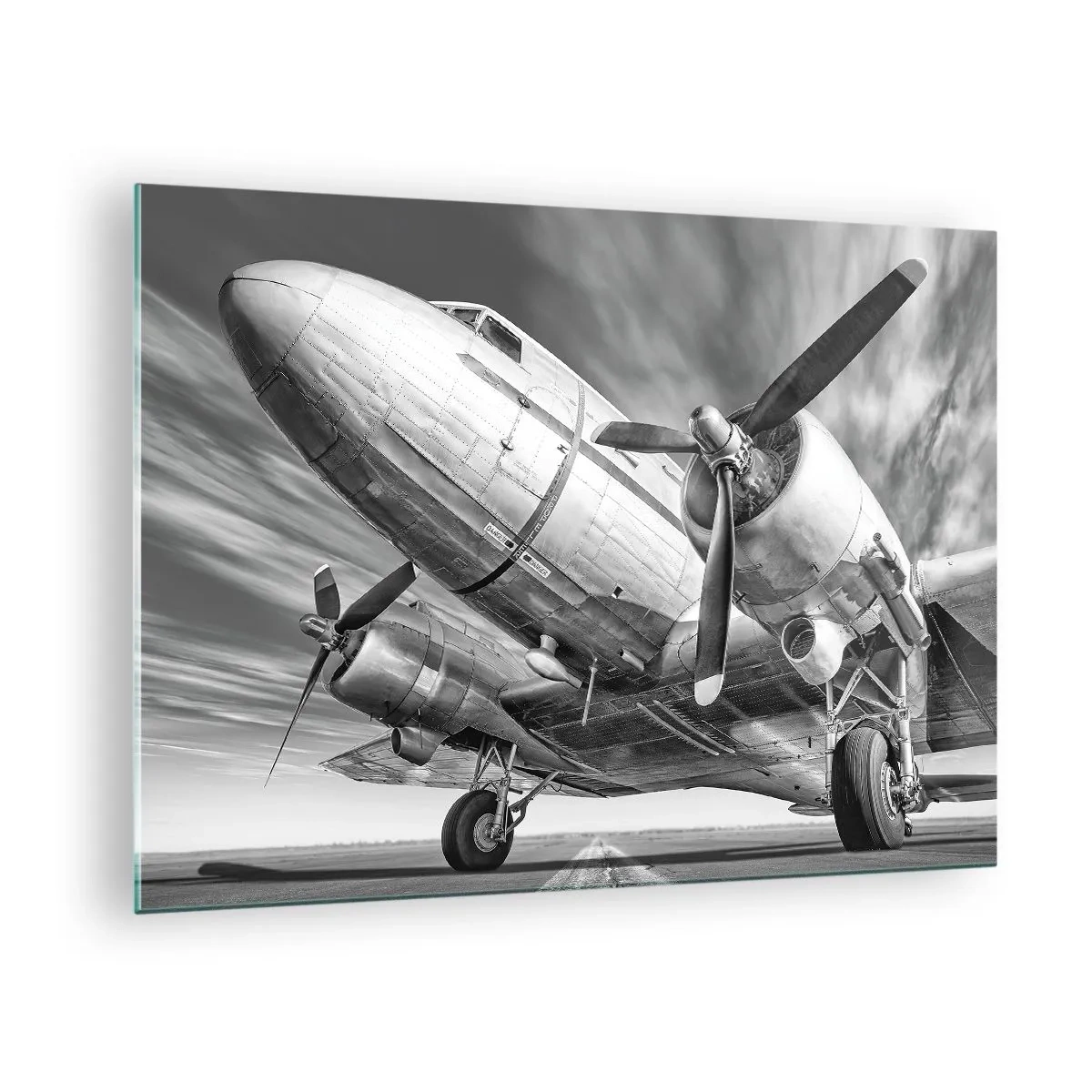 Glass picture - A black and white propeller plane on the runway - 70x50cm - Always Ready to Fly - Modern wall decoration for the living room and bedroom ARTTOR