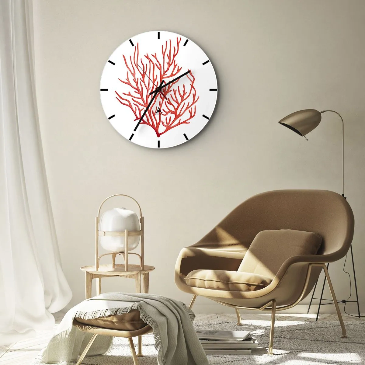 Wall clock - Clock on glass - Red drawing of coral on a white background - 30x30cm - Coral Filigree - Modern wall decoration for the living room, kitchen, and bedroom ARTTOR
