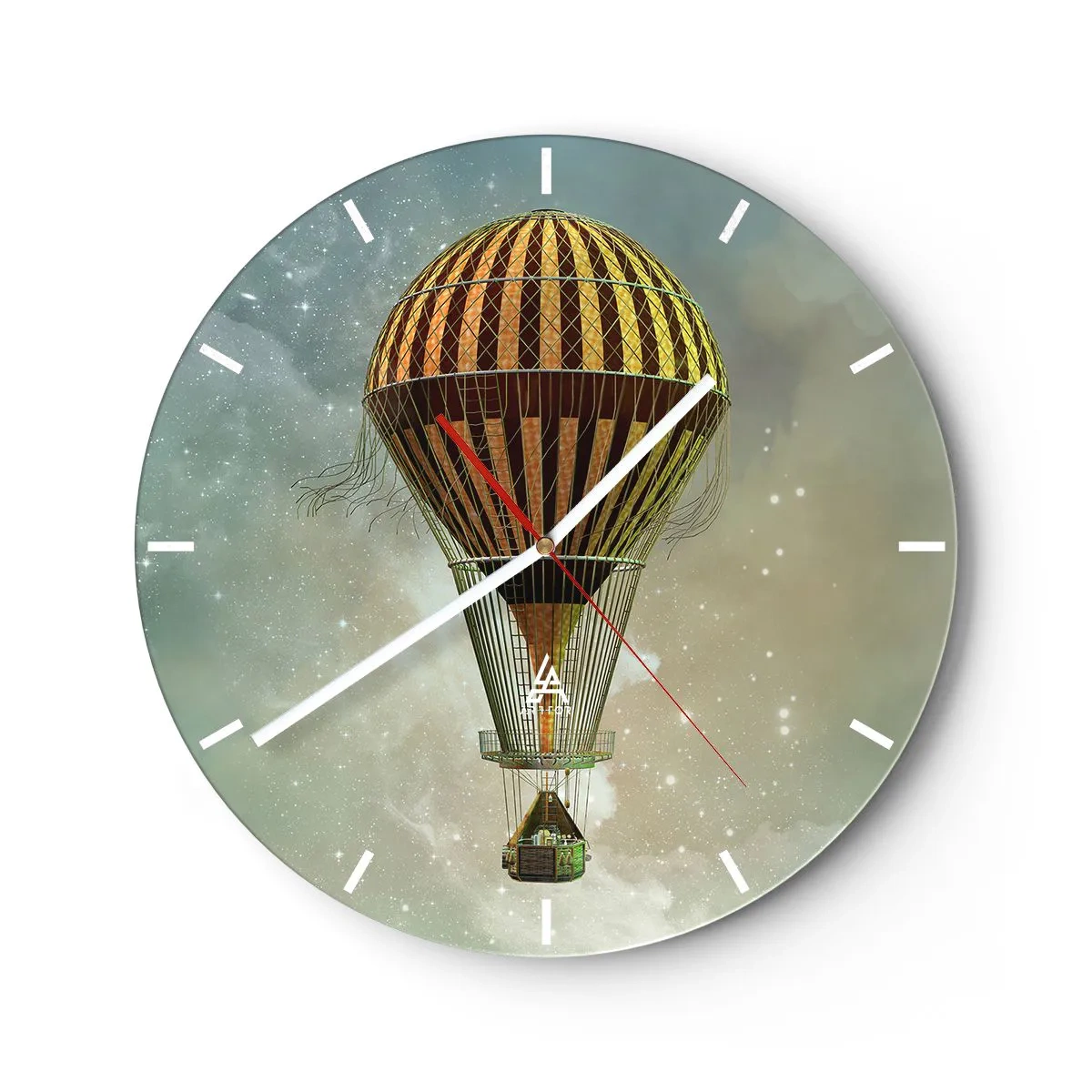 Wall clock - Clock on glass - A stylized balloon floating above a starry sky with a retro feel. - 30x30cm - Pioneer Flight - Modern wall decoration for the living room, kitchen, and bedroom ARTTOR