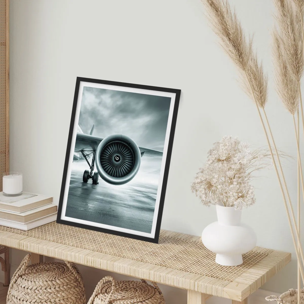 Poster in black frame - An airplane jet engine in monochrome tones - 50x70cm - There Is Power! - Modern wall decoration for the living room and bedroom ARTTOR