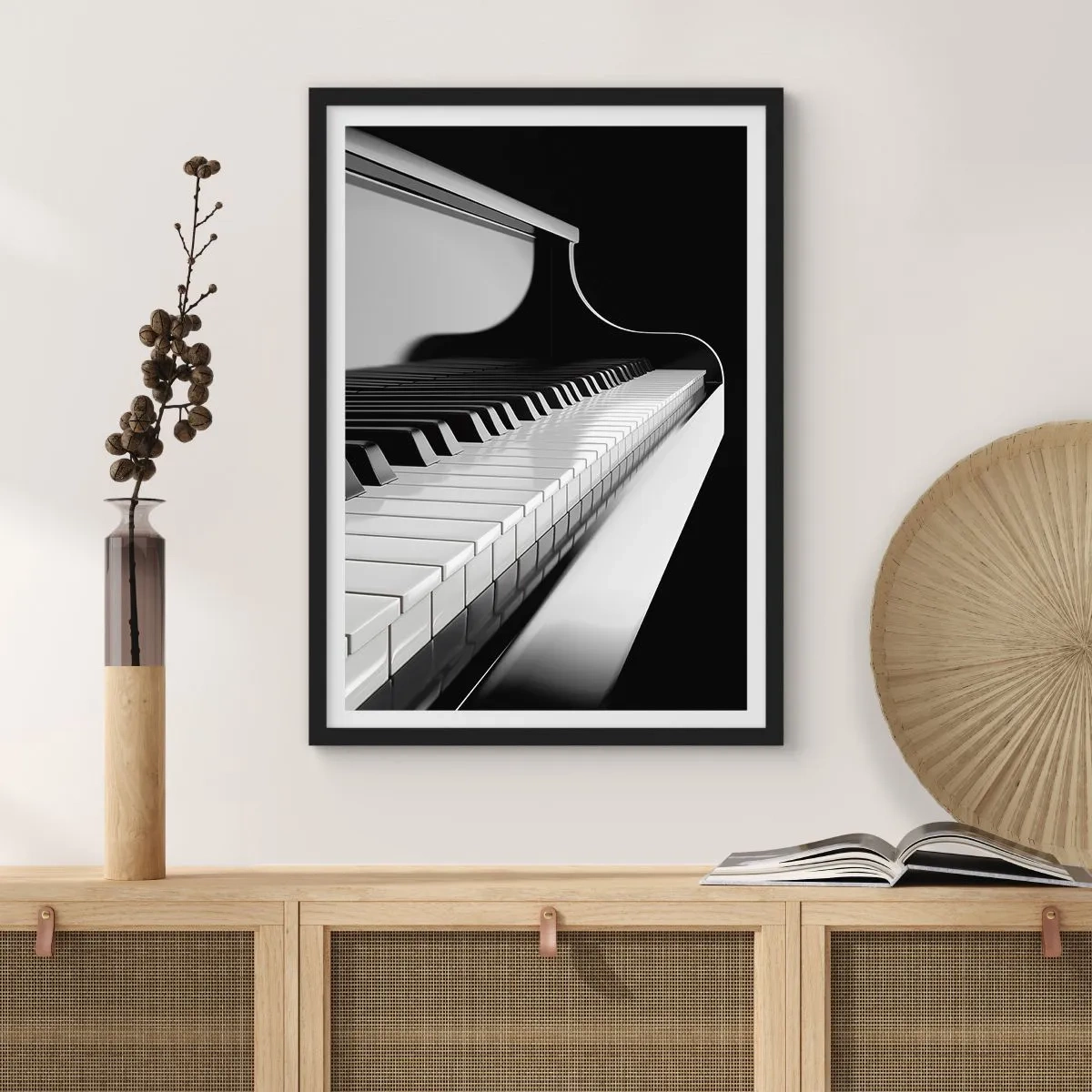 Poster in black frame - Black and white close-up of a piano keyboard - 50x70cm - Harmony of Shapes and Colours - Modern wall decoration for the living room and bedroom ARTTOR