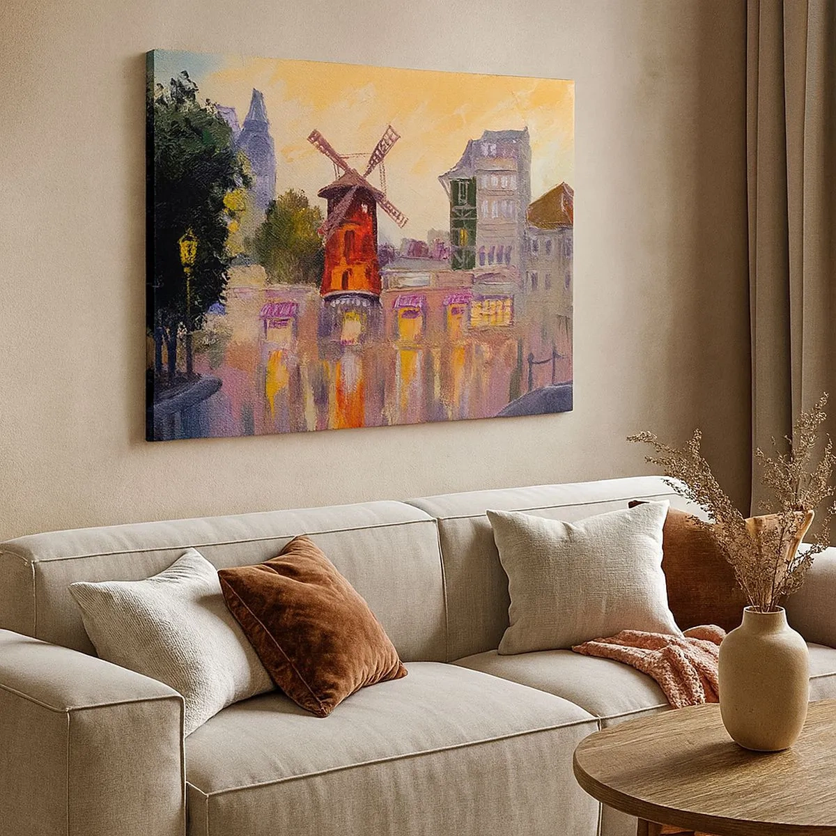 Canvas picture - The red windmill of the Moulin Rouge surrounded by the cityscape - 70x50cm - Icons of Paris - Moulin Rouge - Modern wall decoration for the living room and bedroom ARTTOR