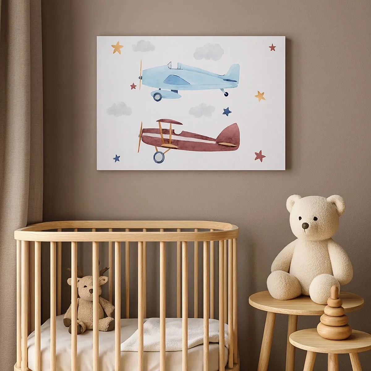 Canvas picture - Hand-painted airplanes against a background of clouds and stars - 70x50cm - Mr Pilot We Are Waiting! - Modern wall decoration for the living room and bedroom ARTTOR