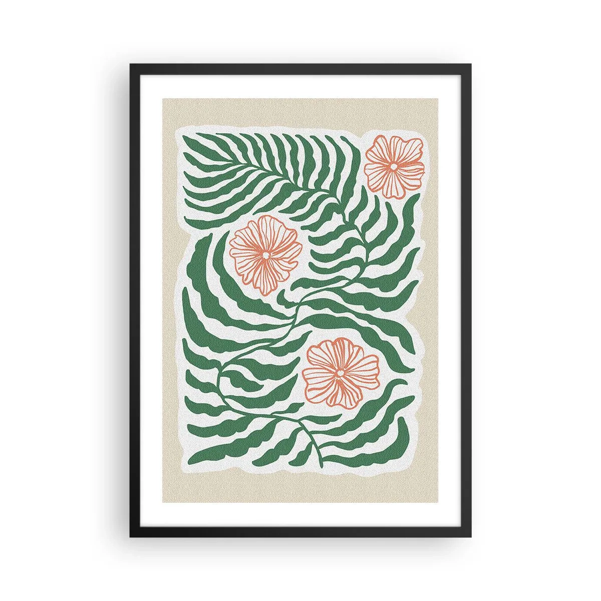 Poster in black frame - Abstract graphic of leaves and flowers on a beige background - 50x70cm - Blossoming in Green - Modern wall decoration for the living room and bedroom ARTTOR