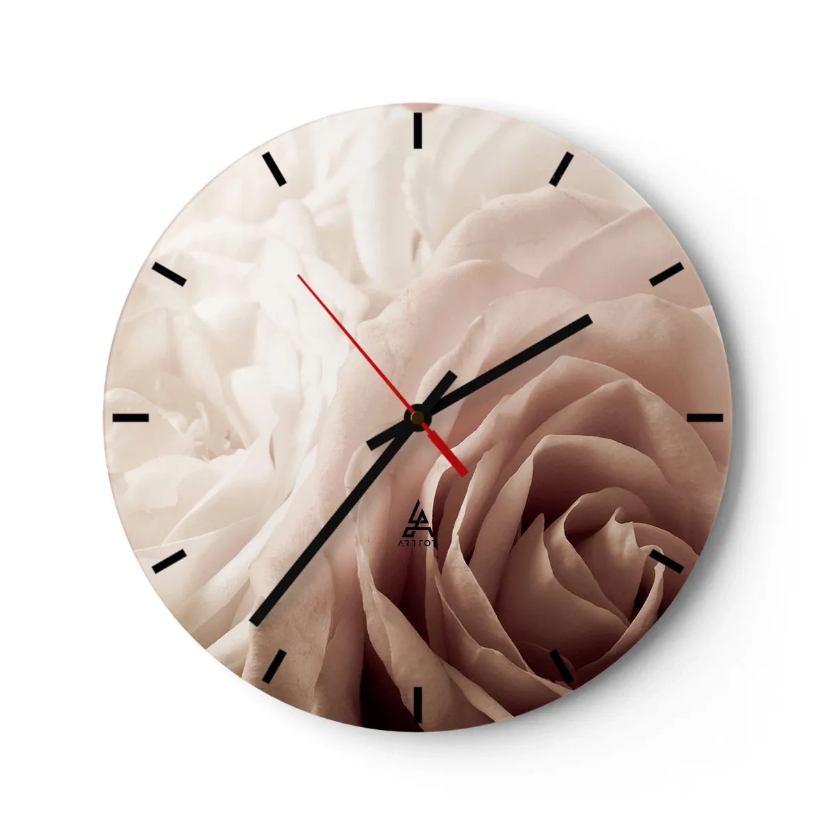 Wall clock - Clock on glass - close-up of delicate rose petals in shades of beige and pink. - 30x30cm - In the Heart of a Rose - Modern wall decoration for the living room, kitchen, and bedroom ARTTOR
