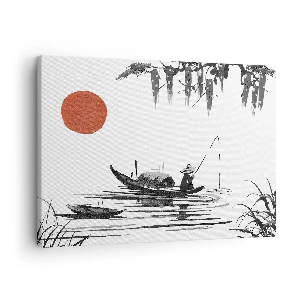 Canvas picture - Oriental landscape with a fisherman on a boat and a red sun - 70x50cm - Asian Afternoon - Modern wall decoration for the living room and bedroom ARTTOR
