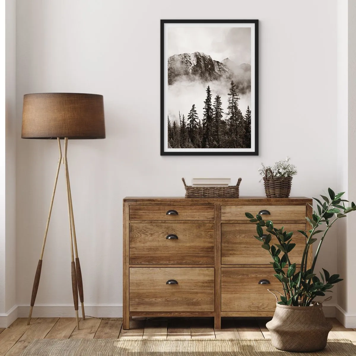 Poster in black frame - Mountain landscape with trees and fog - 50x70cm - Granite Ruler - Modern wall decoration for the living room and bedroom ARTTOR