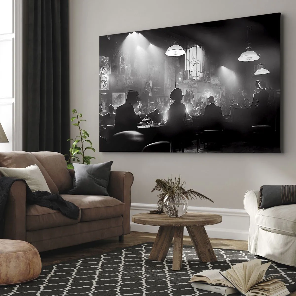 Canvas picture - Black and white jazz nightclub scene - 70x50cm - In Jazz Ambiance - Modern wall decoration for the living room and bedroom ARTTOR