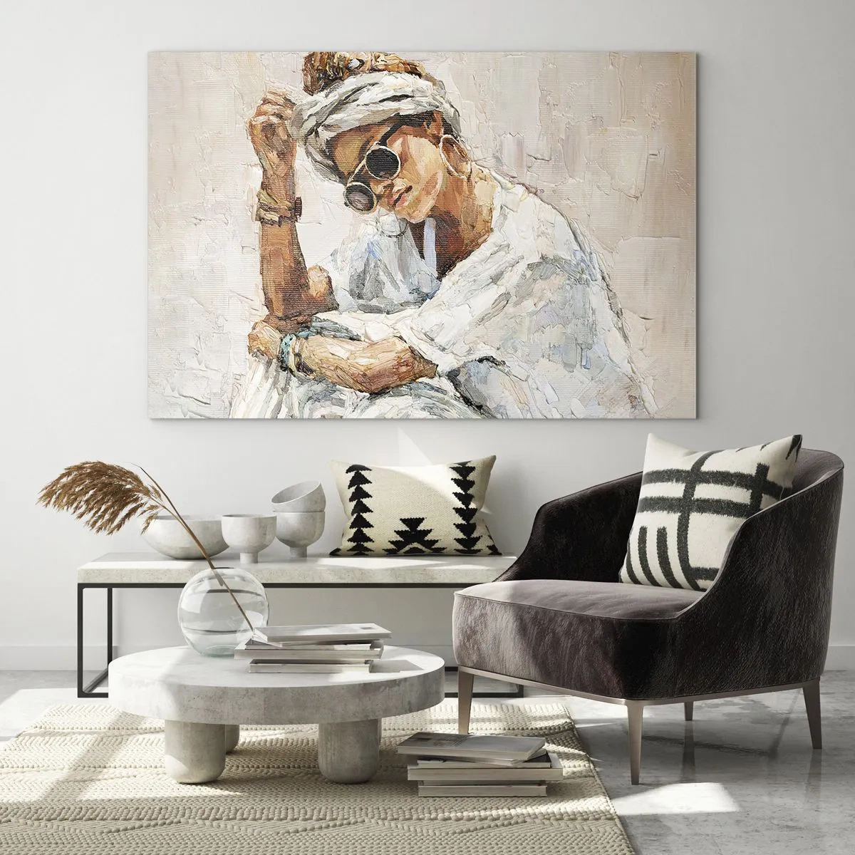 Glass picture - Portrait of a woman with glasses and a turban painted with a palette knife - 70x50cm - Portrait in Full Sun - Modern wall decoration for the living room and bedroom ARTTOR