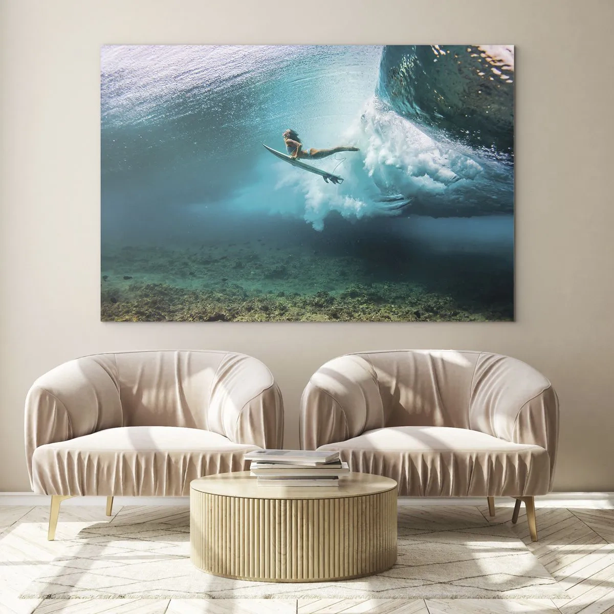 Glass picture - Surfer underwater among the waves with a surfboard - 70x50cm - Undewater World - Modern wall decoration for the living room and bedroom ARTTOR