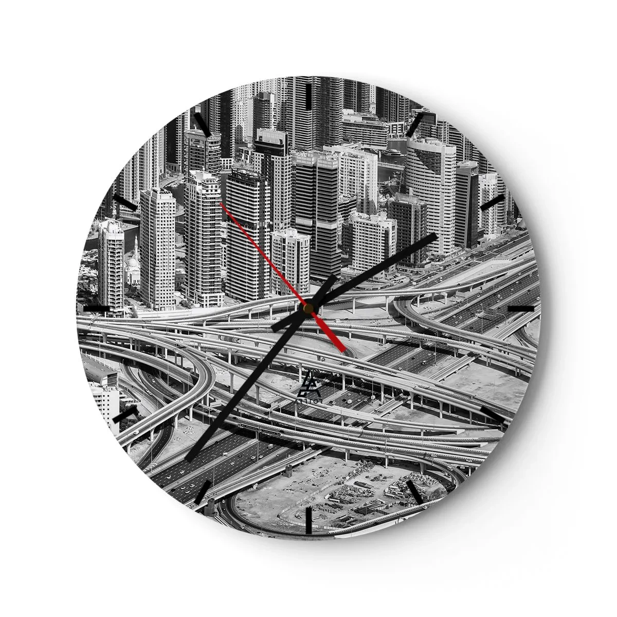 Wall clock - Clock on glass - A black and white photo of a city with a dense network of highways. - 30x30cm - Dubai - Impossible City - Modern wall decoration for the living room, kitchen, and bedroom ARTTOR