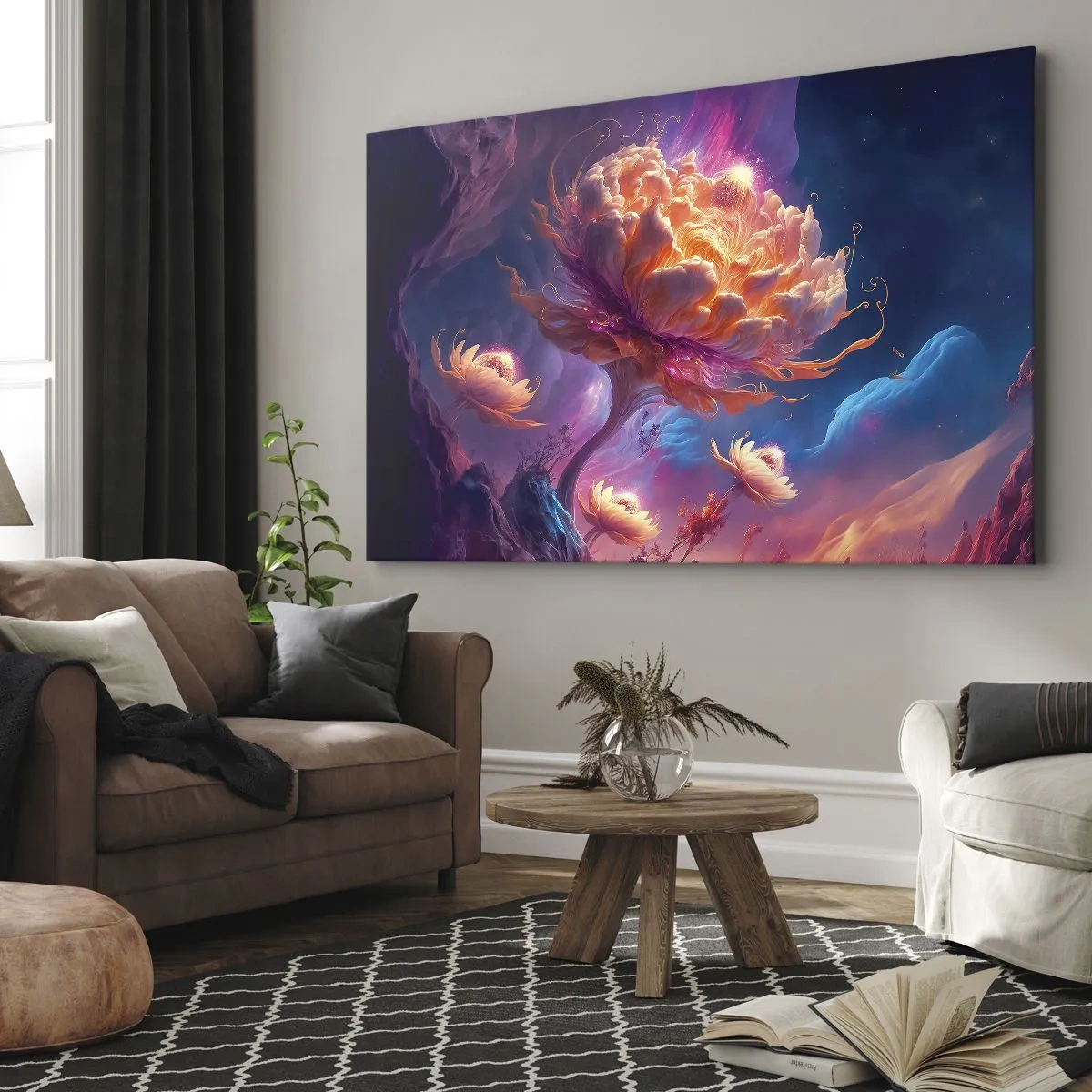 Canvas picture - Fantasy flowers in a cosmic landscape - 70x50cm - Another World - Modern wall decoration for the living room and bedroom ARTTOR