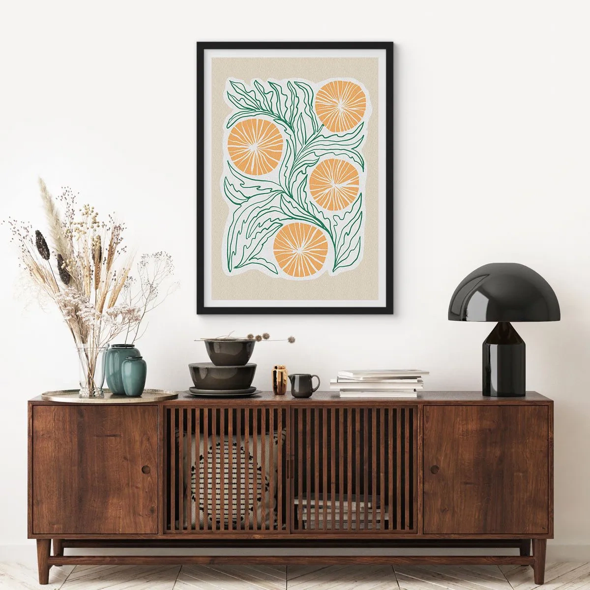 Poster in black frame - Abstract composition of leaves and oranges on a beige background - 50x70cm - Ethnic with an Abstract Note - Modern wall decoration for the living room and bedroom ARTTOR