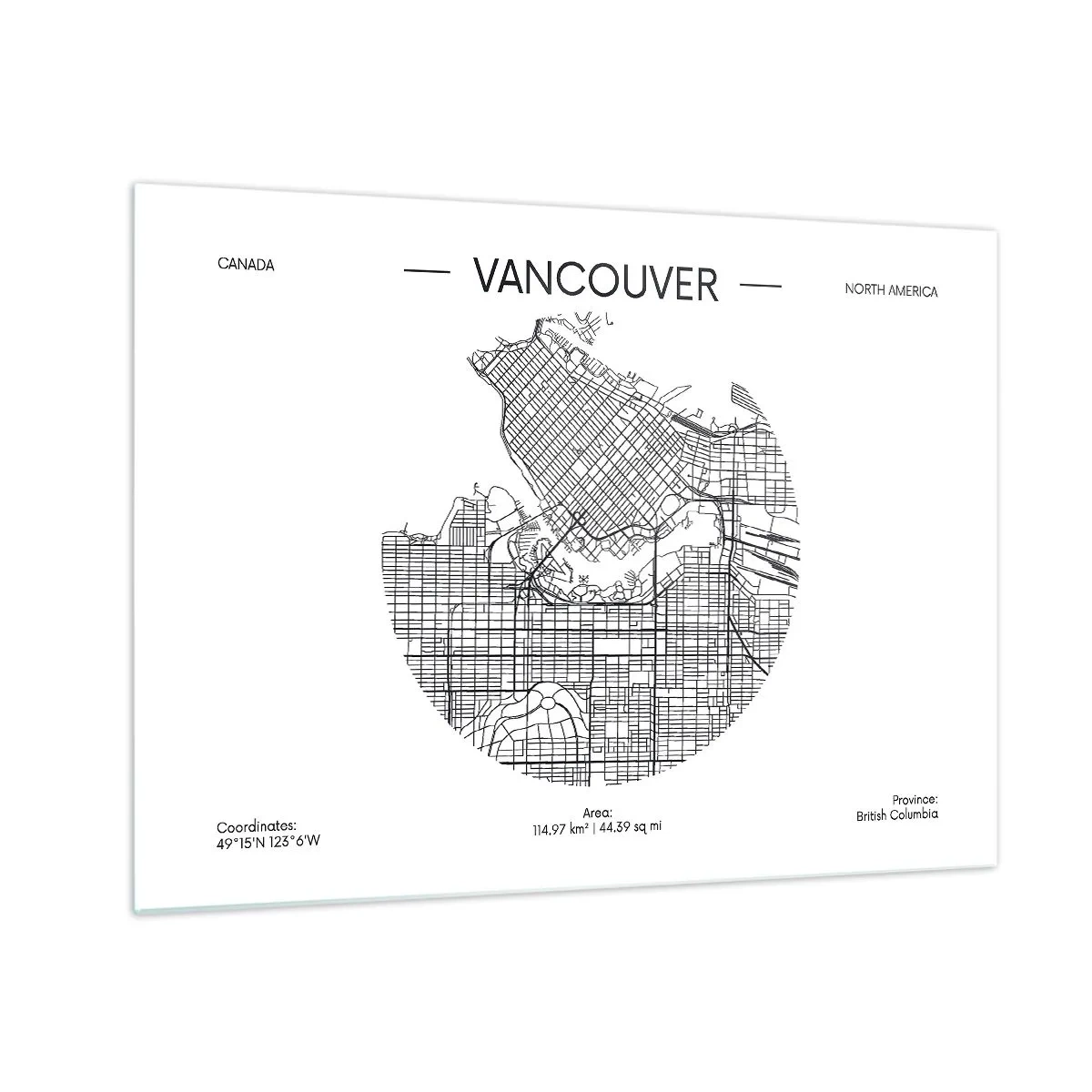 Glass picture - Black and white street map of Vancouver - 70x50cm - Anatomy of Vancouver - Modern wall decoration for the living room and bedroom ARTTOR