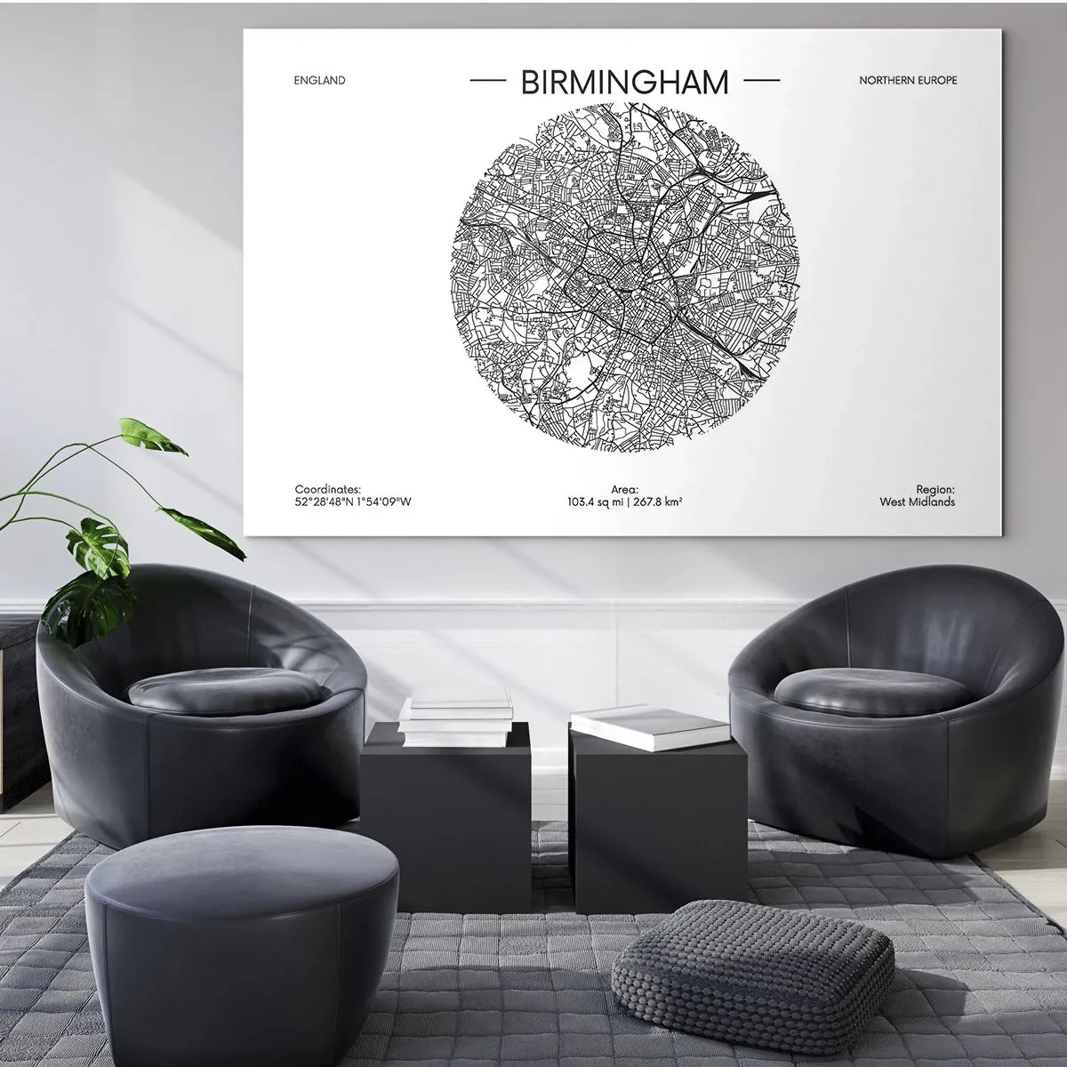 Glass picture - Black and white map of Birmingham in a modern graphic style - 70x50cm - Anatomy of Birmingham - Modern wall decoration for the living room and bedroom ARTTOR