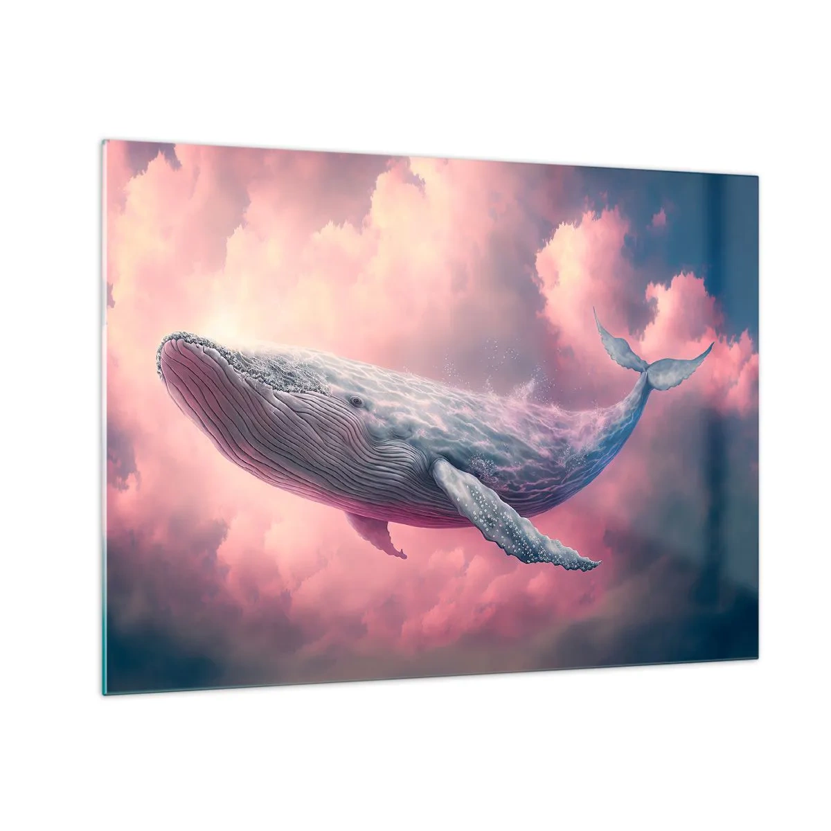 Glass picture - A whale floating in the clouds with a pink glow - 70x50cm - Rub Your Eyes - Modern wall decoration for the living room and bedroom ARTTOR