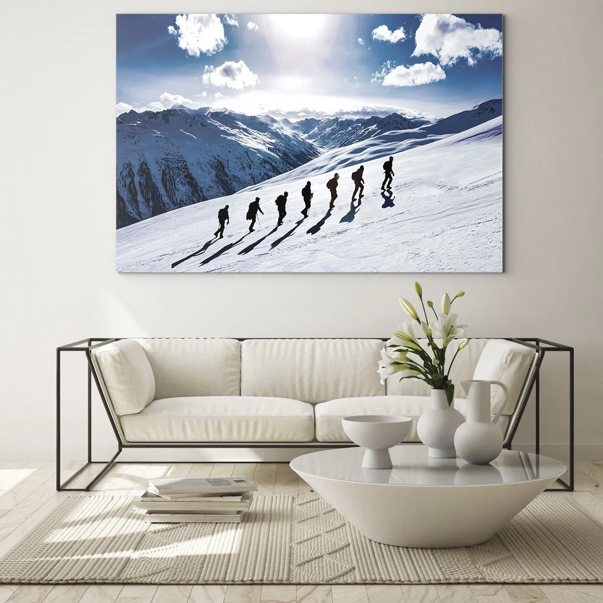 Glass picture - Group climbing on a snow-covered slope in the mountains - 70x50cm - Team of Conquerors - Modern wall decoration for the living room and bedroom ARTTOR