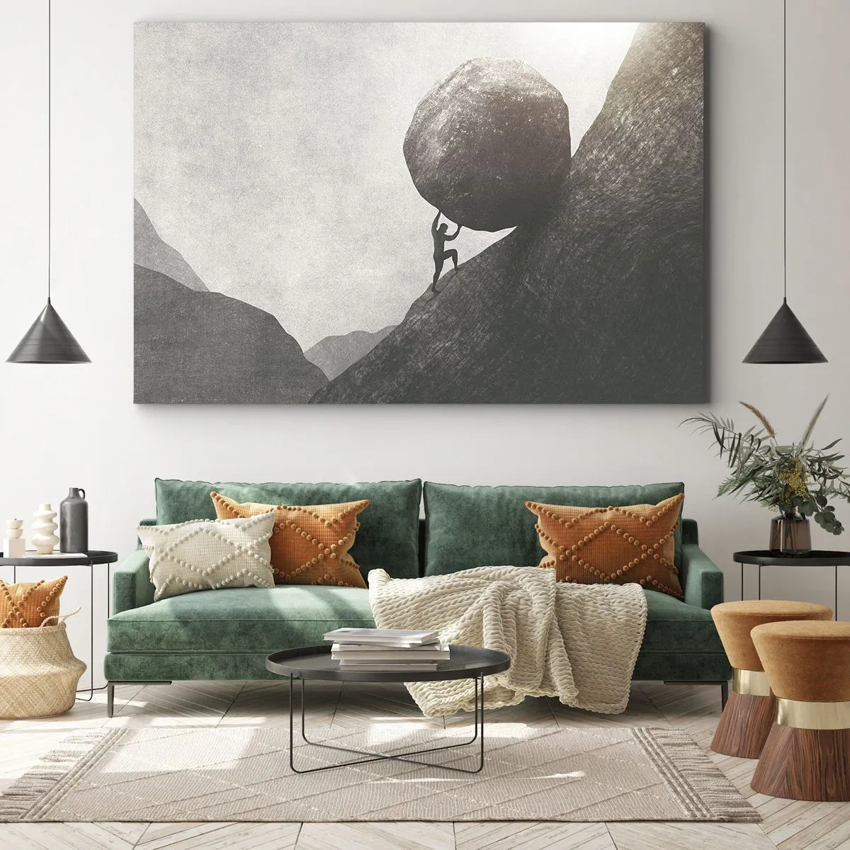 Canvas picture - A man climbing a huge boulder up a hill - 70x50cm - I Believe against Hope - Modern wall decoration for the living room and bedroom ARTTOR