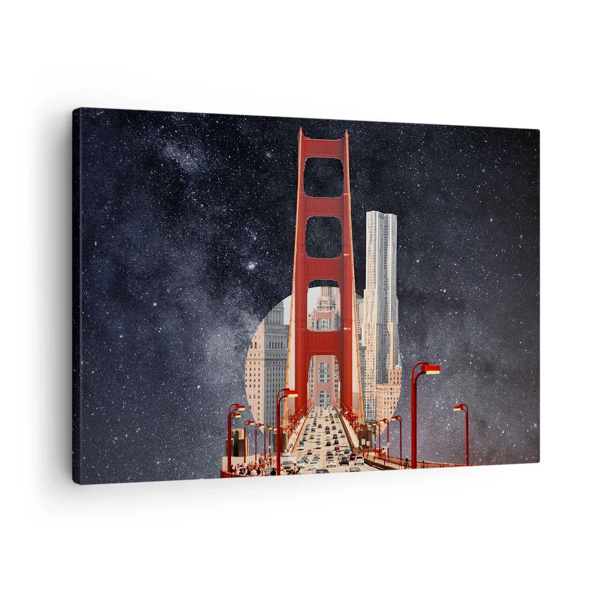 Canvas picture - The Golden Gate Bridge with the city in the background against a starry sky - 70x50cm - Always in the Centre - Modern wall decoration for the living room and bedroom ARTTOR