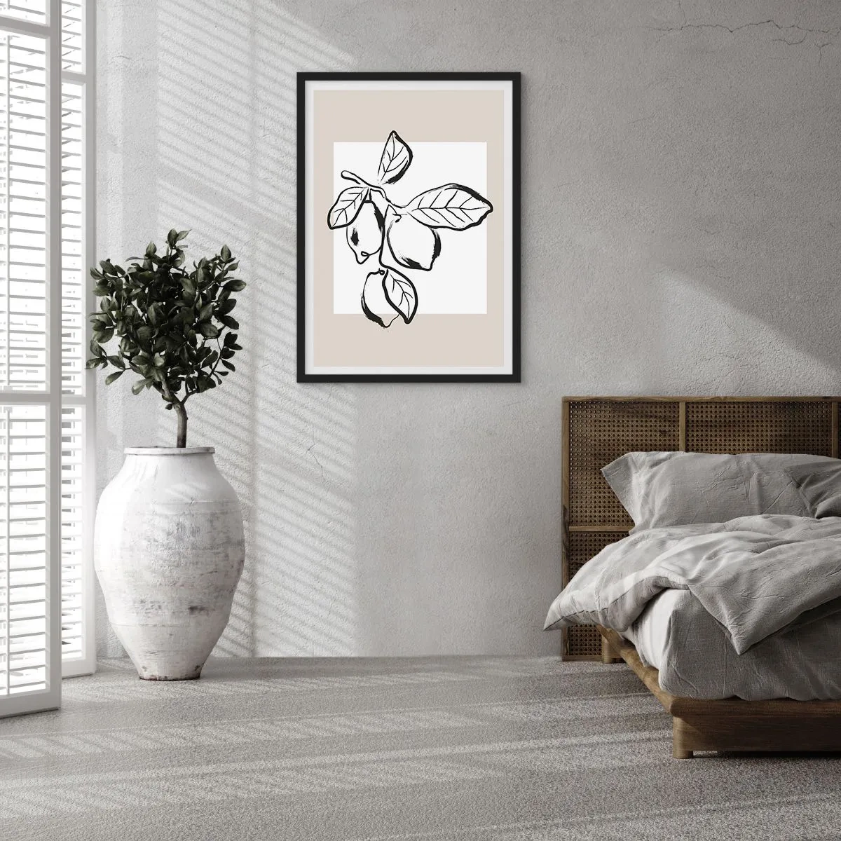 Poster in black frame - A minimalist illustration of a lemon branch in black and white style. - 50x70cm - Where Lemon Matures - Modern wall decoration for the living room and bedroom ARTTOR