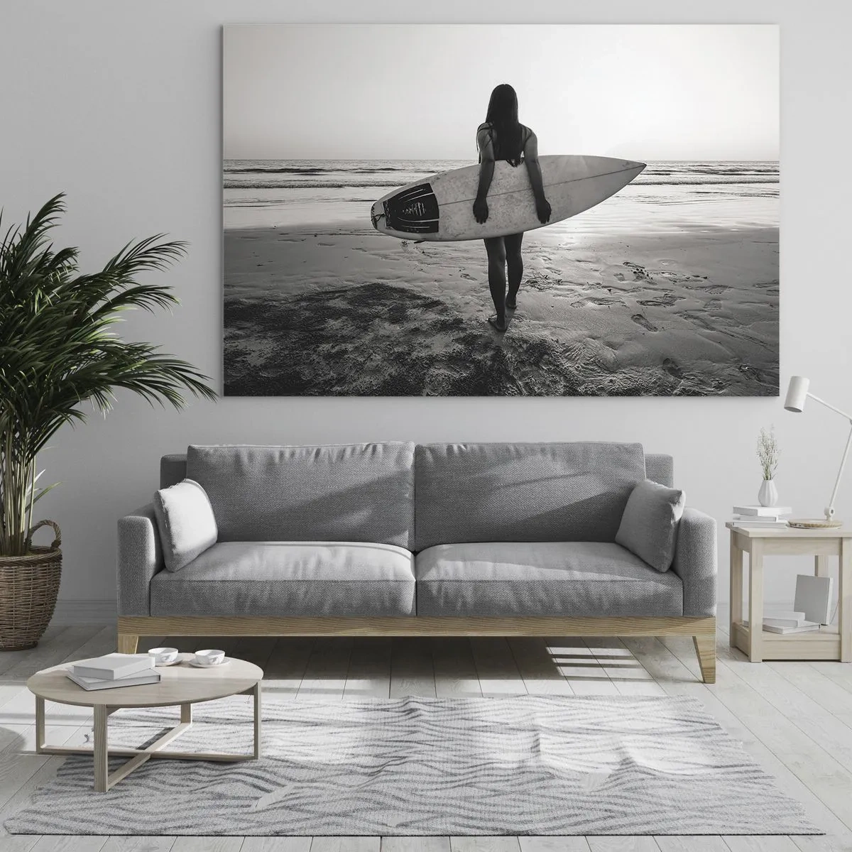 Glass picture - Woman with a surfboard on the beach at sunrise - 70x50cm - Daughter of Sea Wave - Modern wall decoration for the living room and bedroom ARTTOR