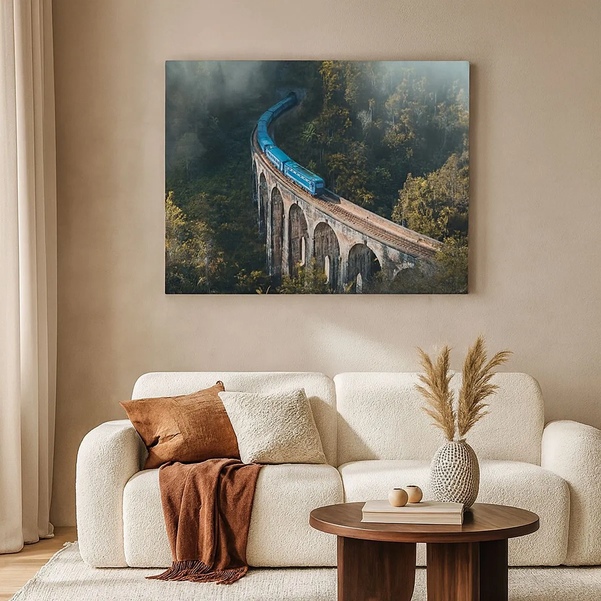 Canvas picture - A blue train on a historic viaduct among the forests - 70x50cm - Train through Nature - Modern wall decoration for the living room and bedroom ARTTOR