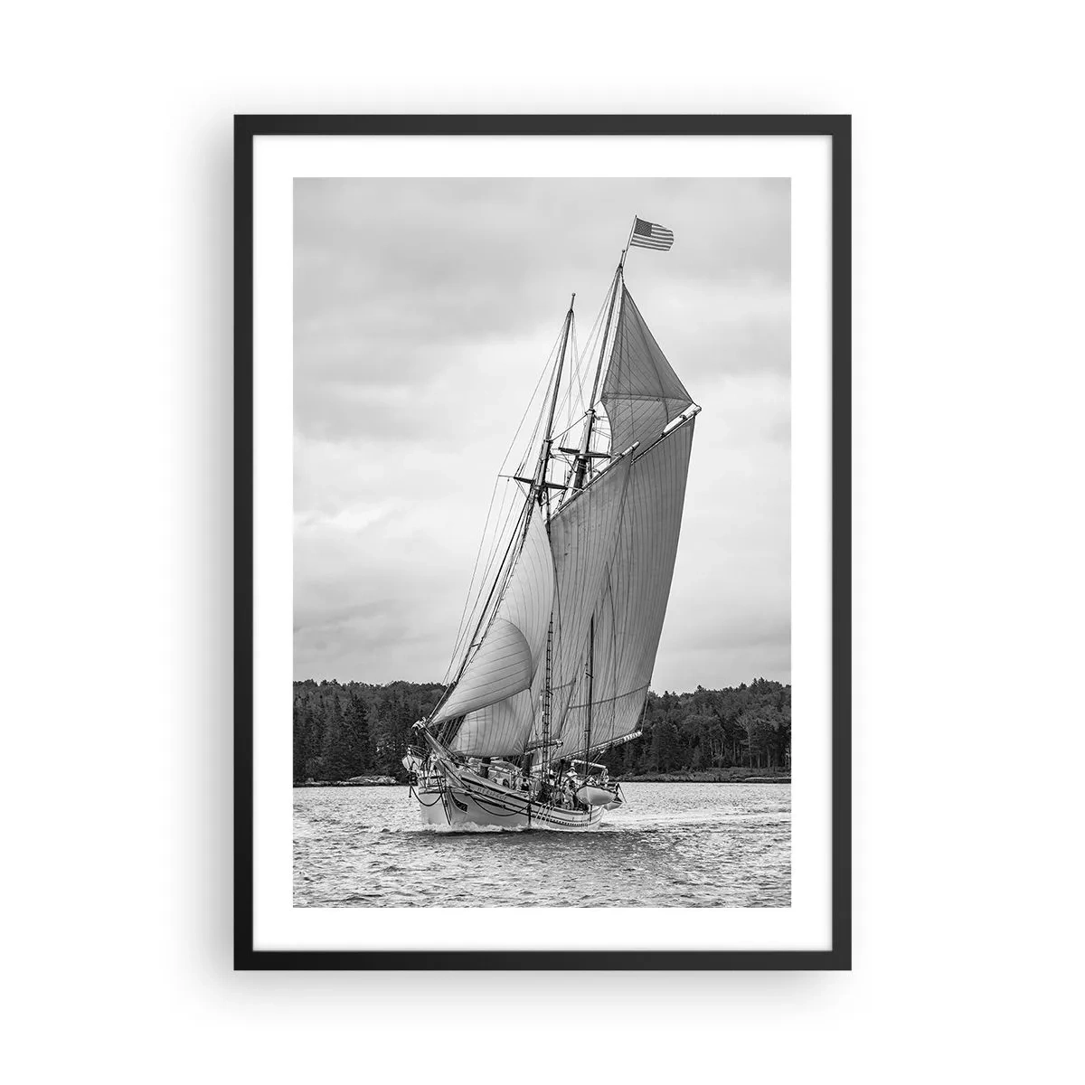 Poster in black frame - A sailing ship with large sails sailing on the sea in black and white - 50x70cm - Brothers of the Wind - Modern wall decoration for the living room and bedroom ARTTOR