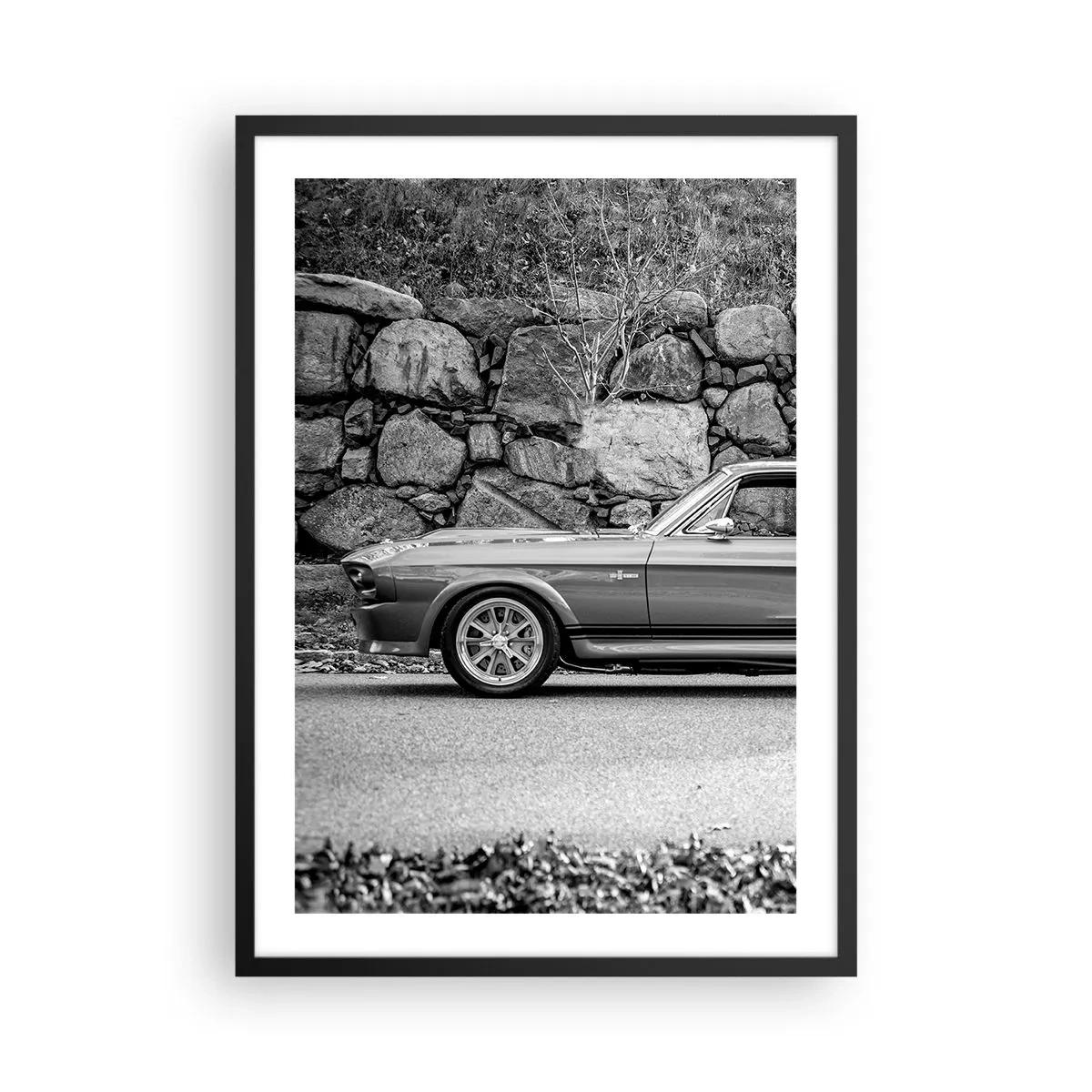 Poster in black frame - Black and white classic car against a stone wall - 50x70cm - Legend of the 60-ies - Modern wall decoration for the living room and bedroom ARTTOR
