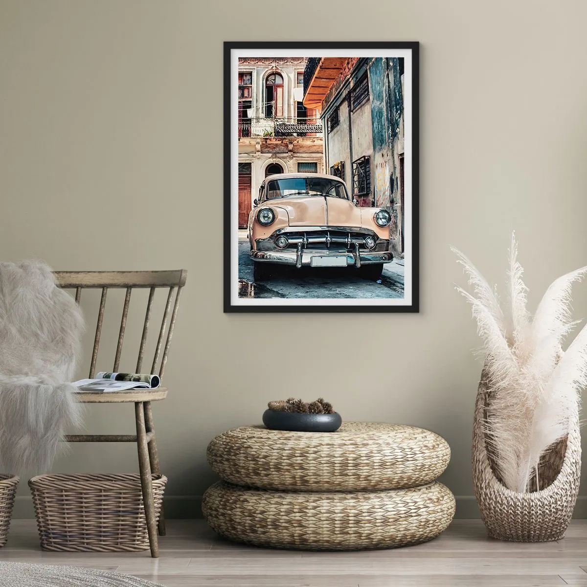 Poster in black frame - A classic car in a retro urban setting - 50x70cm - Siesta in Havana - Modern wall decoration for the living room and bedroom ARTTOR