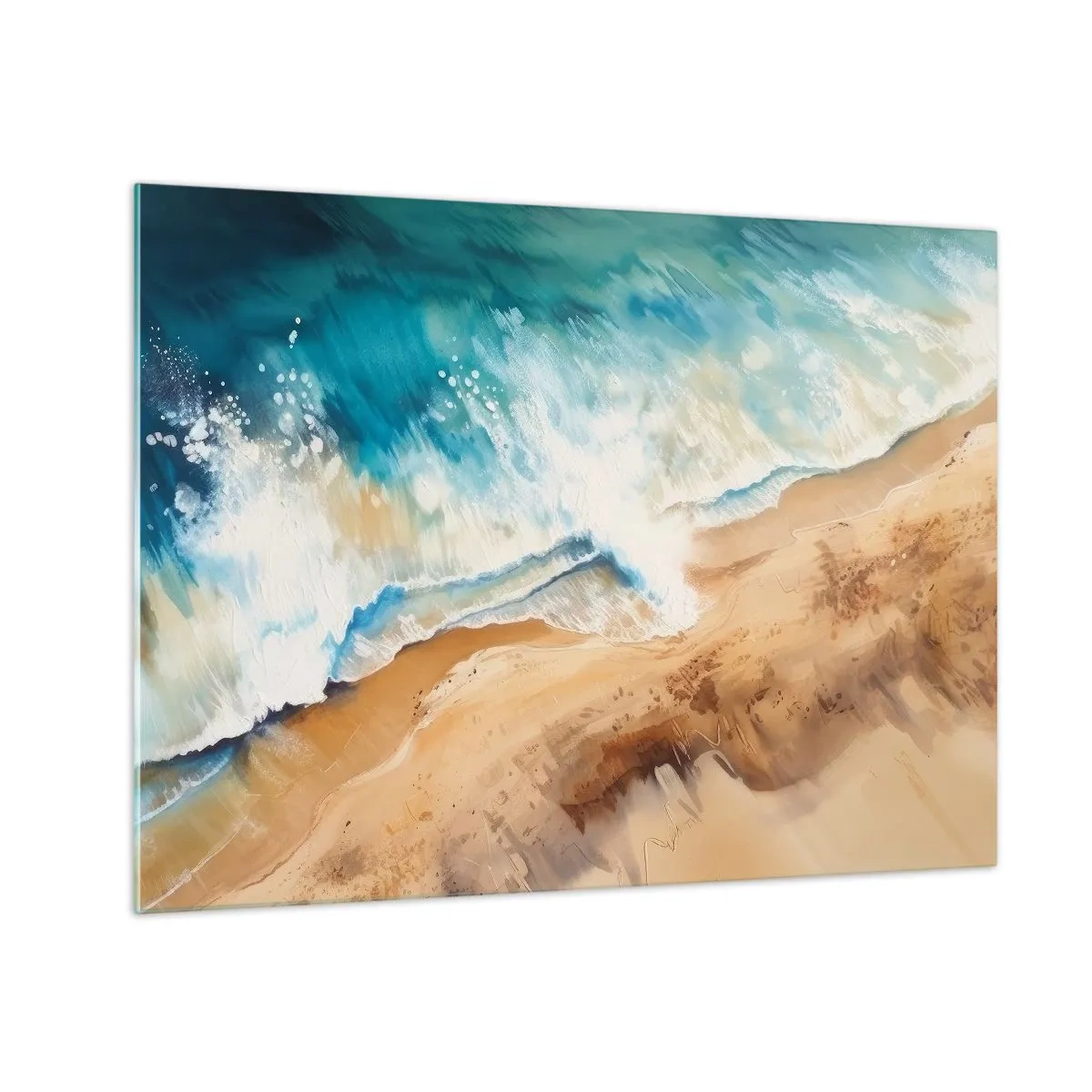 Glass picture - A bird's eye view of a blue sea wave crashing against a sandy shore - 70x50cm - Returning Wave - Modern wall decoration for the living room and bedroom ARTTOR