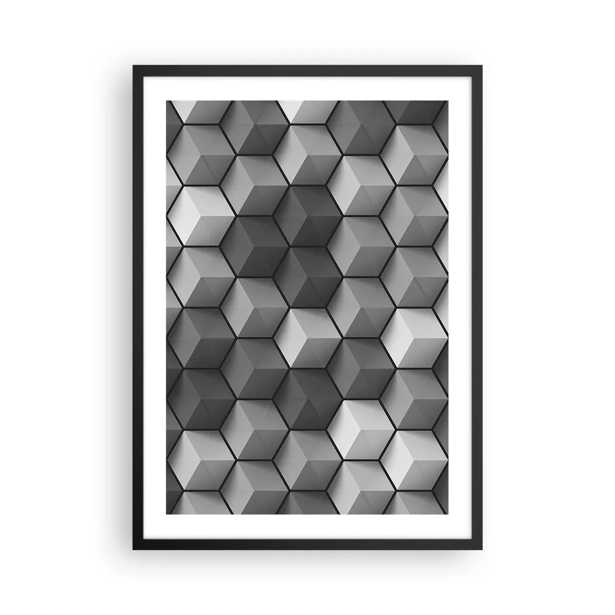 Poster in black frame - Black and white composition of 3D geometric cubes - 50x70cm - Cubist Jigsaw - Modern wall decoration for the living room and bedroom ARTTOR