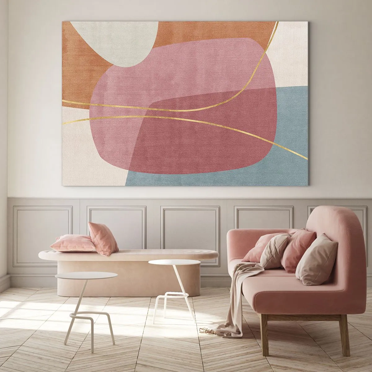Glass picture - Pastel shapes with intersecting gold lines - 70x50cm - Pastel Composition with a Golden Note - Modern wall decoration for the living room and bedroom ARTTOR