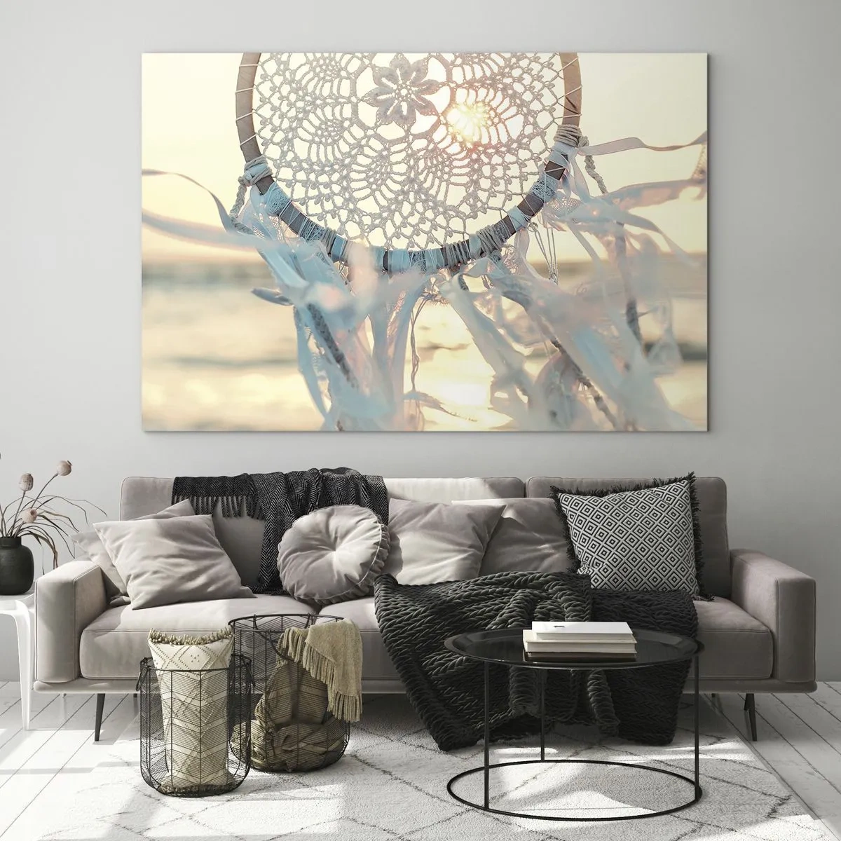 Glass picture - A lace totem with delicate fringes against the backdrop of the setting sun over the sea. - 70x50cm - Lace Totem - Modern wall decoration for the living room and bedroom ARTTOR