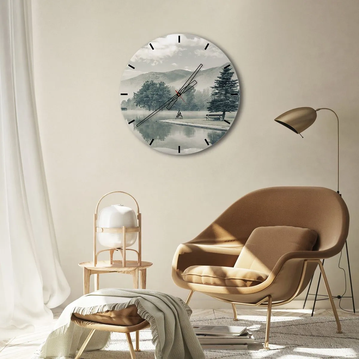 Wall clock - Clock on glass - Morning fog over a quiet lake among the mountains - 30x30cm - Lake Is Still Asleep - Modern wall decoration for the living room, kitchen, and bedroom ARTTOR