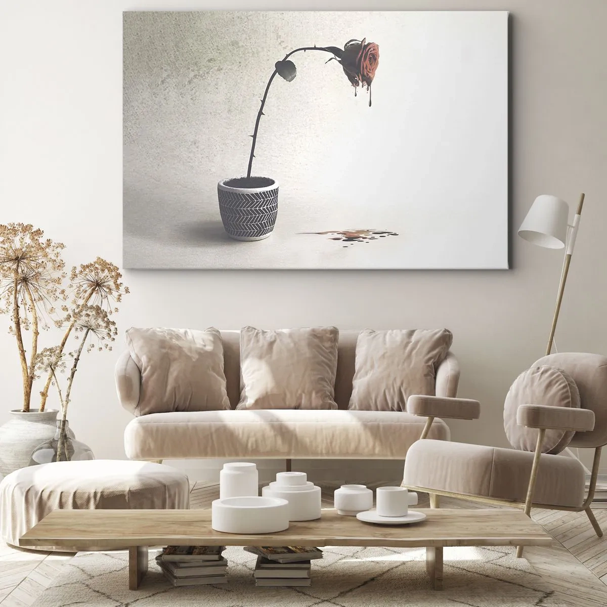 Canvas picture - A red rose in a pot with drops of dye on a white background - 70x50cm - Rosa Dolorosa - Modern wall decoration for the living room and bedroom ARTTOR