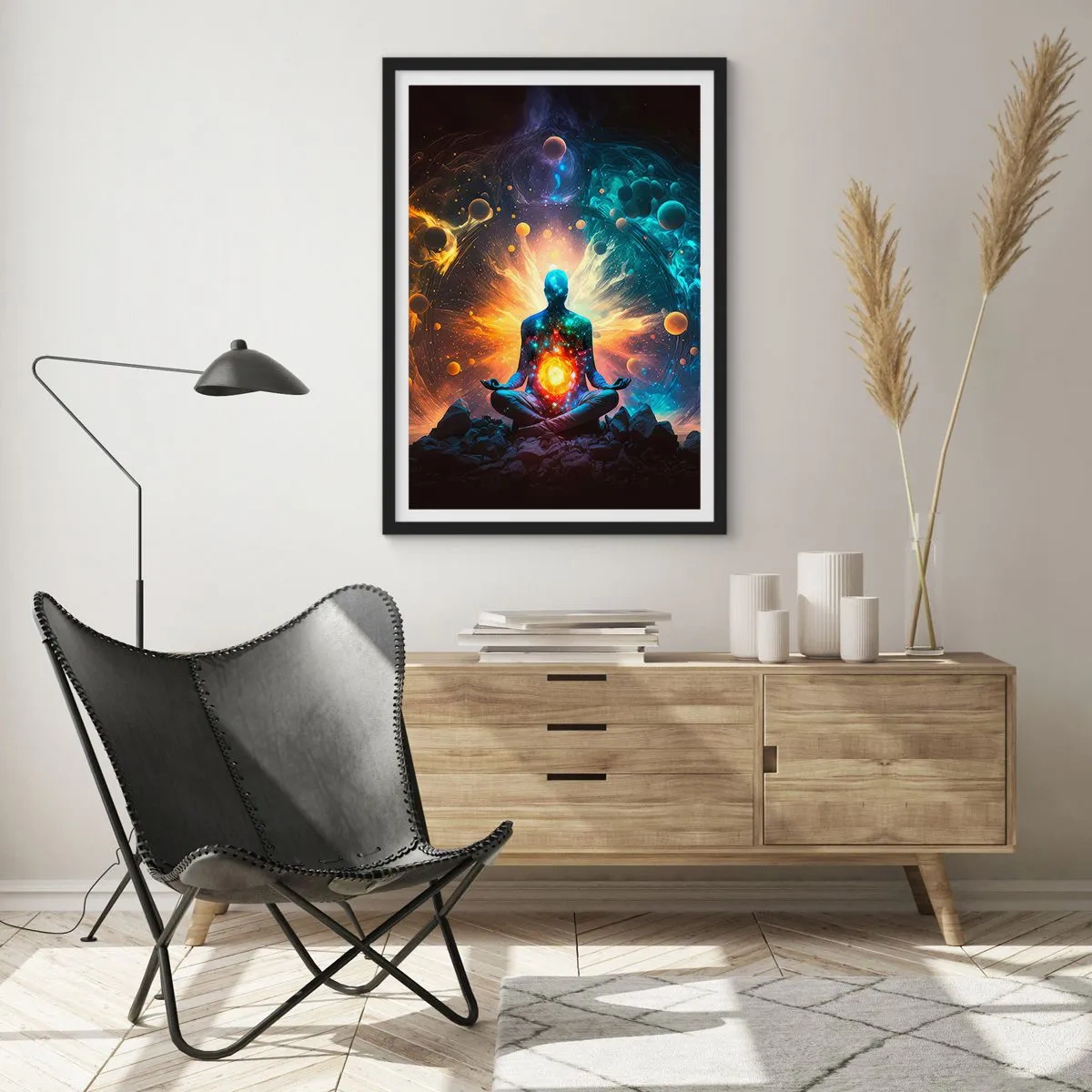 Poster in black frame - A meditating figure in a cosmic aura full of energy - 50x70cm - Cosmic Calm - Modern wall decoration for the living room and bedroom ARTTOR