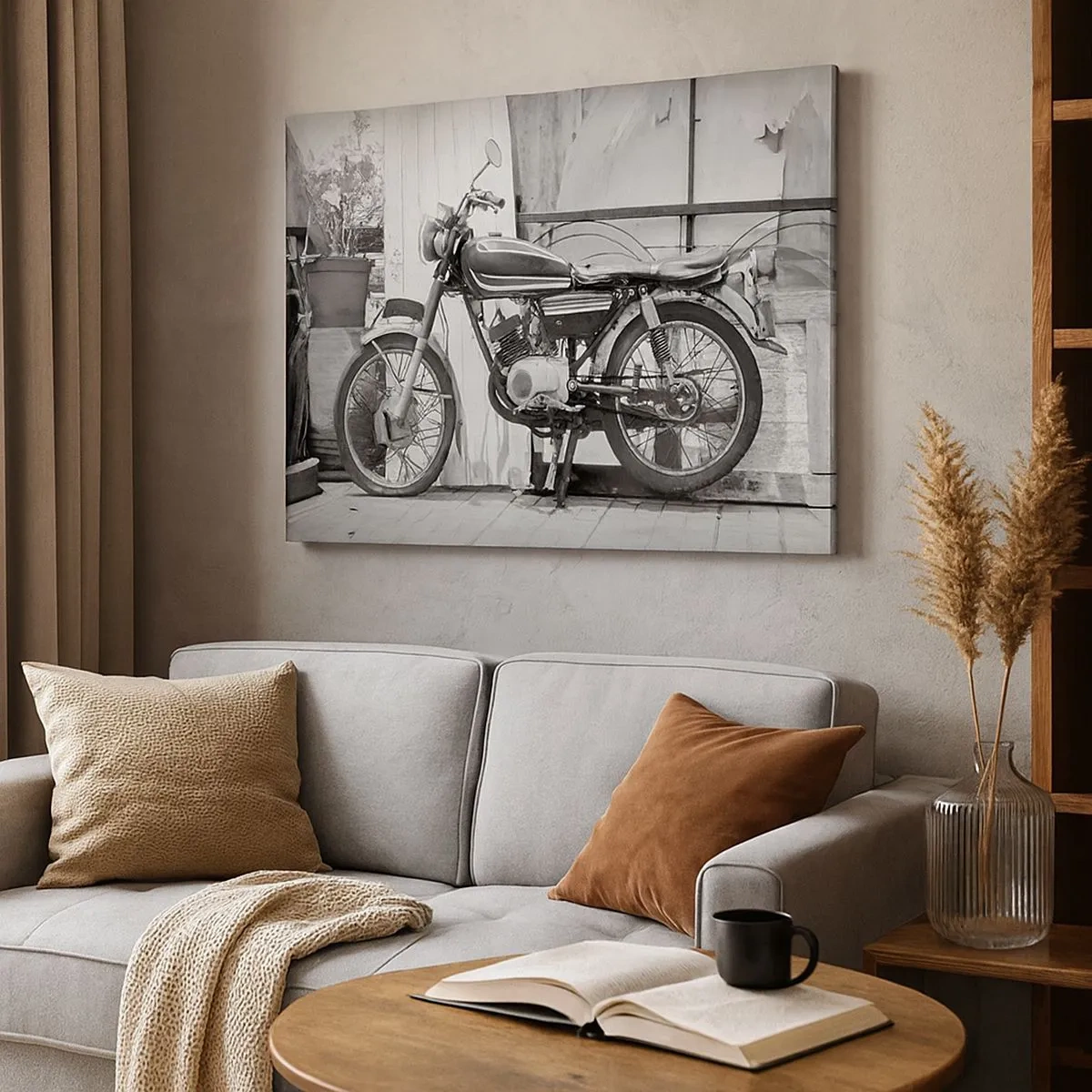 Canvas picture - Black and white photo of a classic motorcycle - 70x50cm - Classics above All - Modern wall decoration for the living room and bedroom ARTTOR